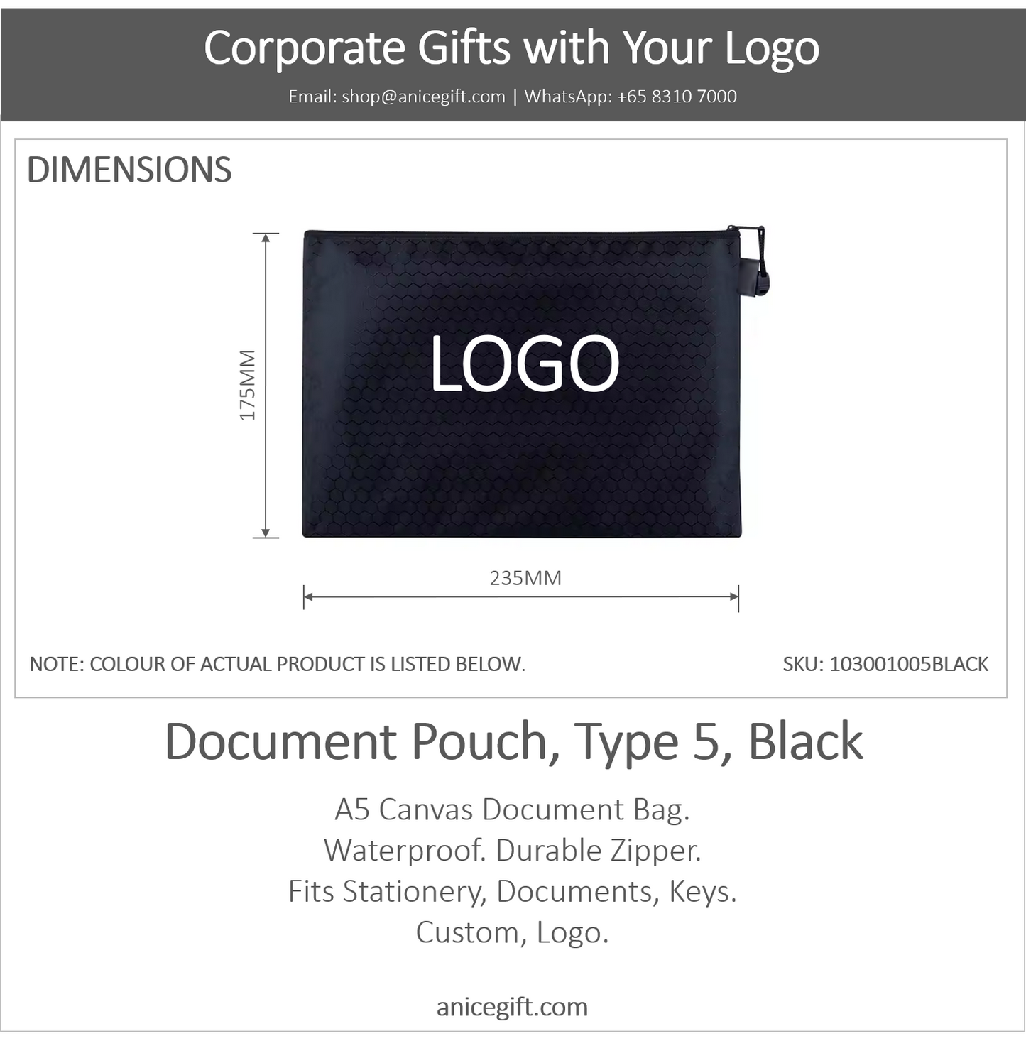 Document Pouch, Type 5, Black | A5 Canvas Pouch