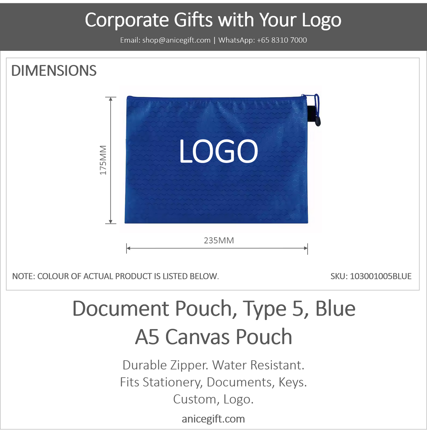 Document Pouch, Type 5, Blue | A5 Canvas Pouch