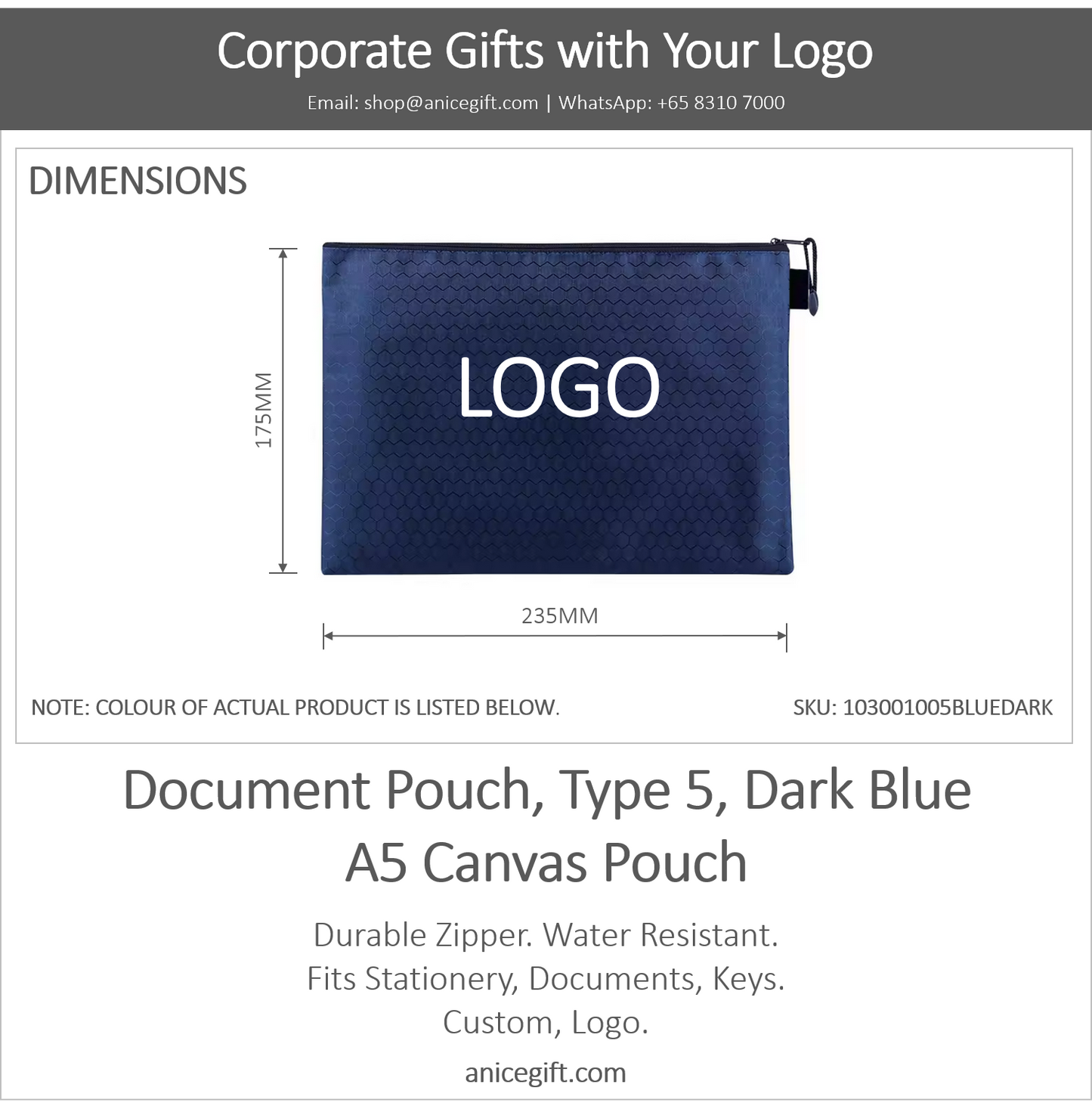 Document Pouch, Type 5, Dark Blue | A5 Canvas Pouch