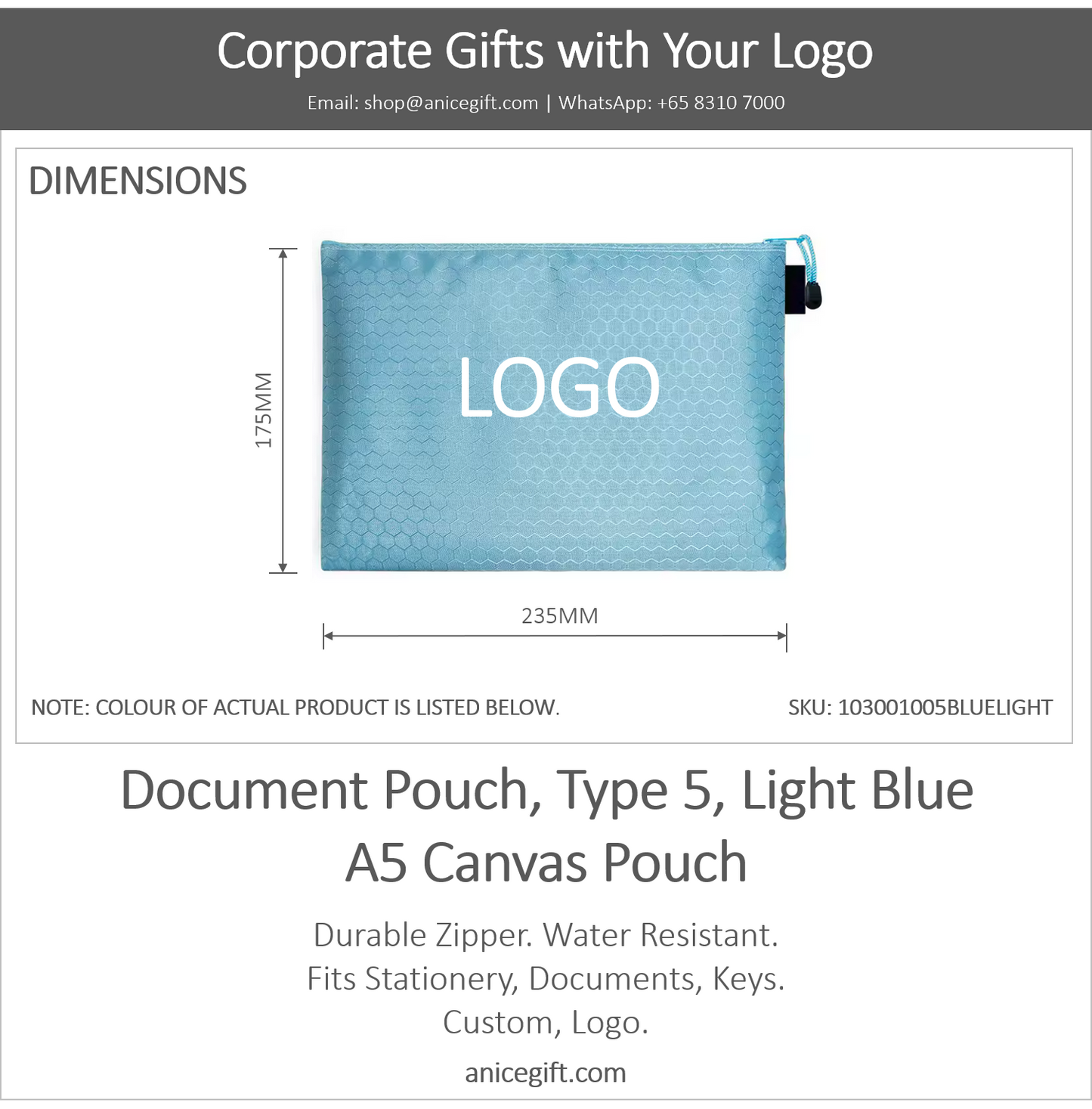 Document Pouch, Type 5, Light Blue | A5 Canvas Pouch