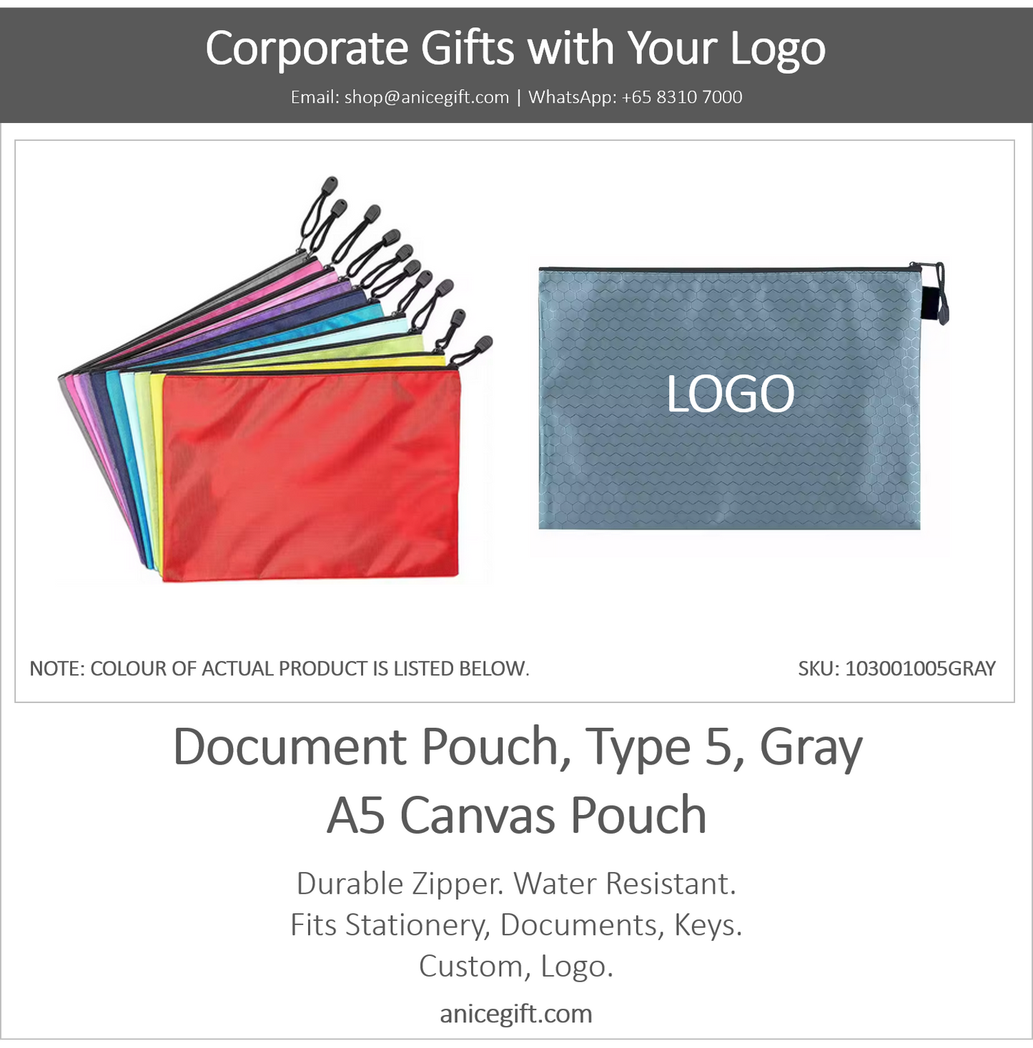 Document Pouch, Type 5, Gray | A5 Canvas Pouch