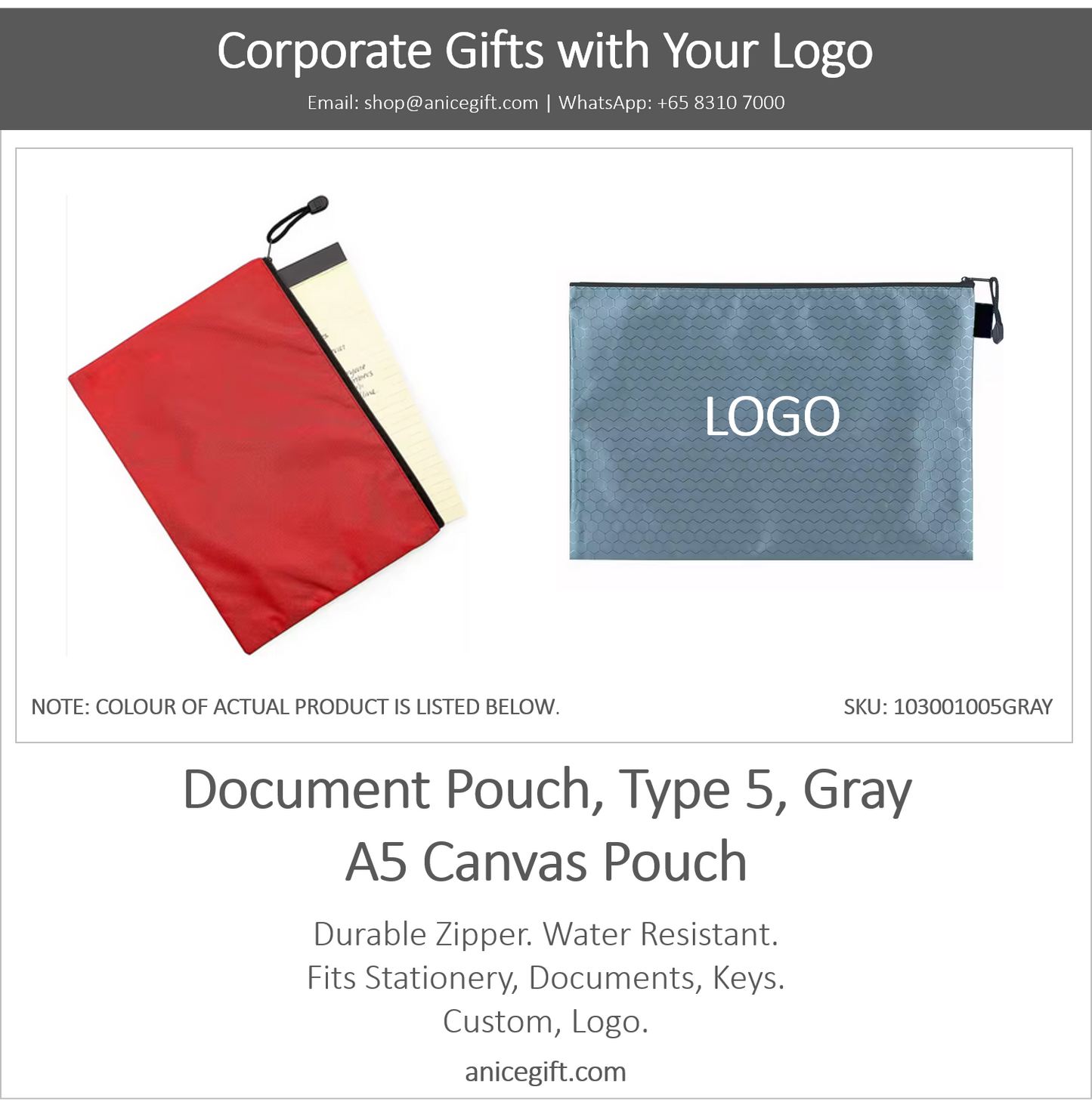 Document Pouch, Type 5, Gray | A5 Canvas Pouch