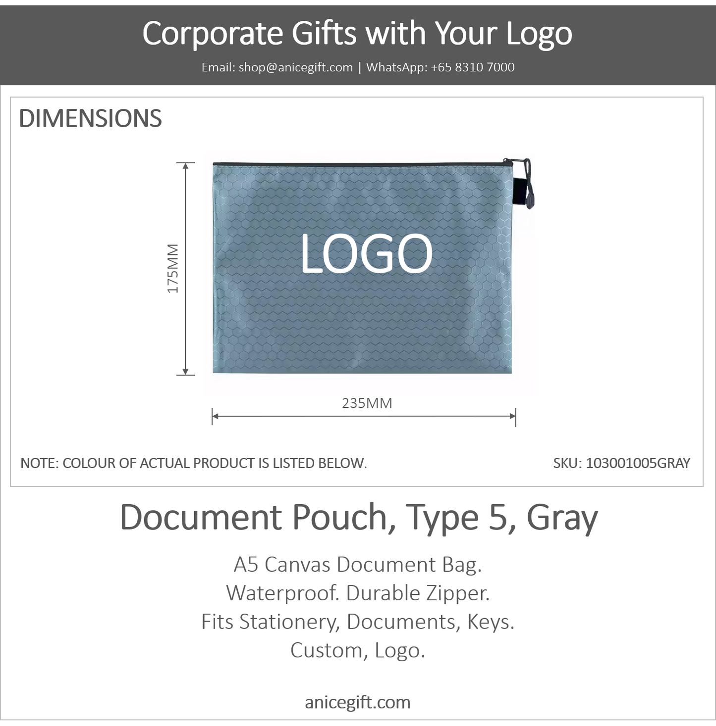 Document Pouch, Type 5, Gray | A5 Canvas Pouch