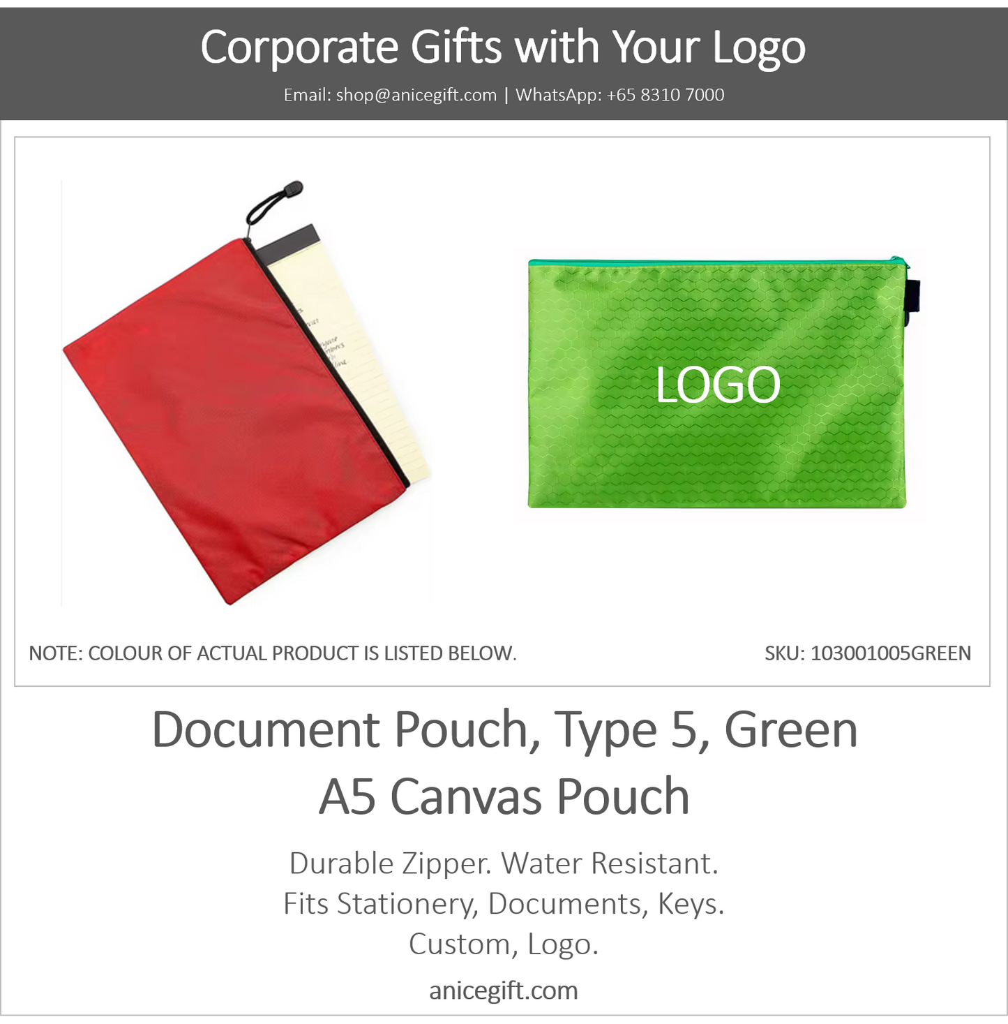 Document Pouch, Type 5, Green | A5 Canvas Pouch