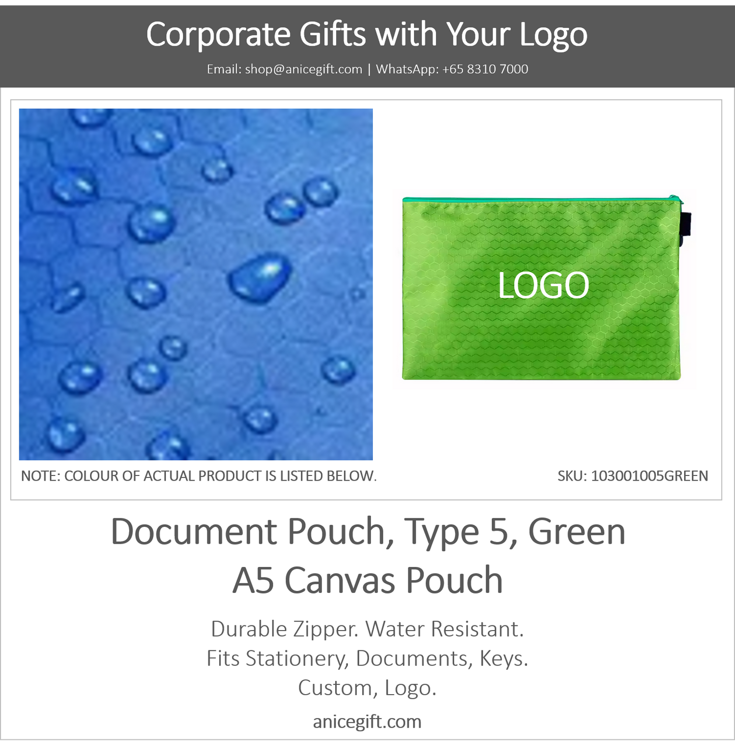 Document Pouch, Type 5, Green | A5 Canvas Pouch