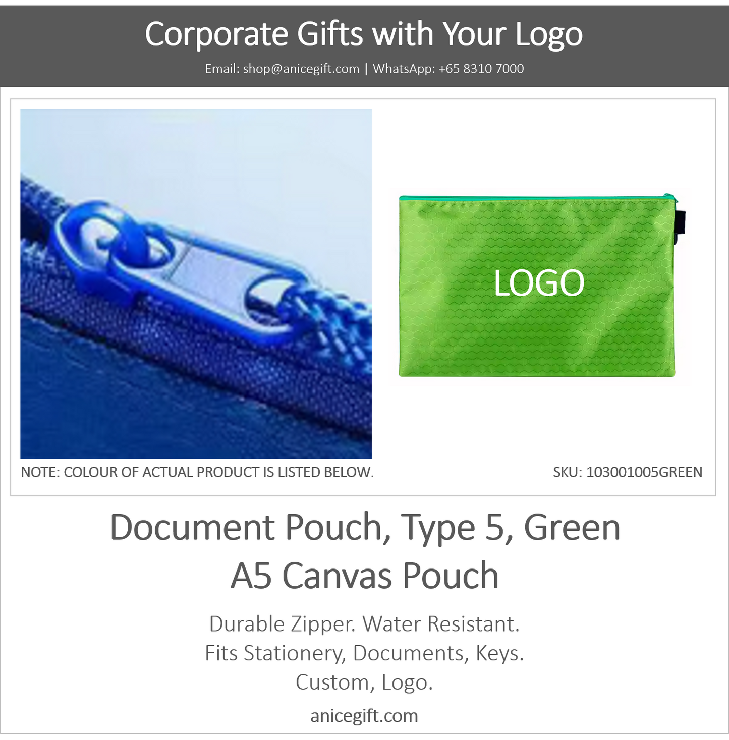 Document Pouch, Type 5, Green | A5 Canvas Pouch