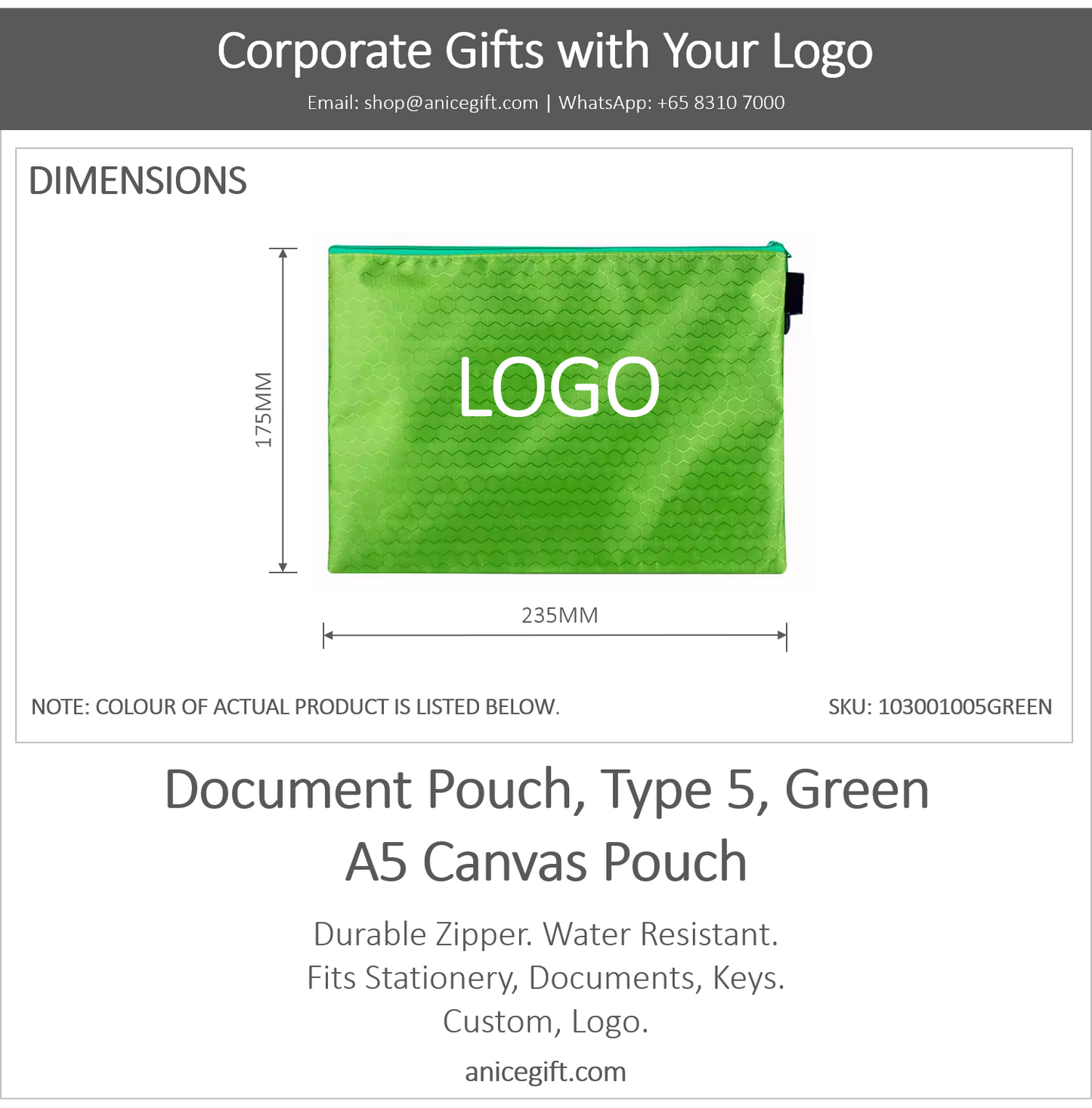 Document Pouch, Type 5, Green | A5 Canvas Pouch