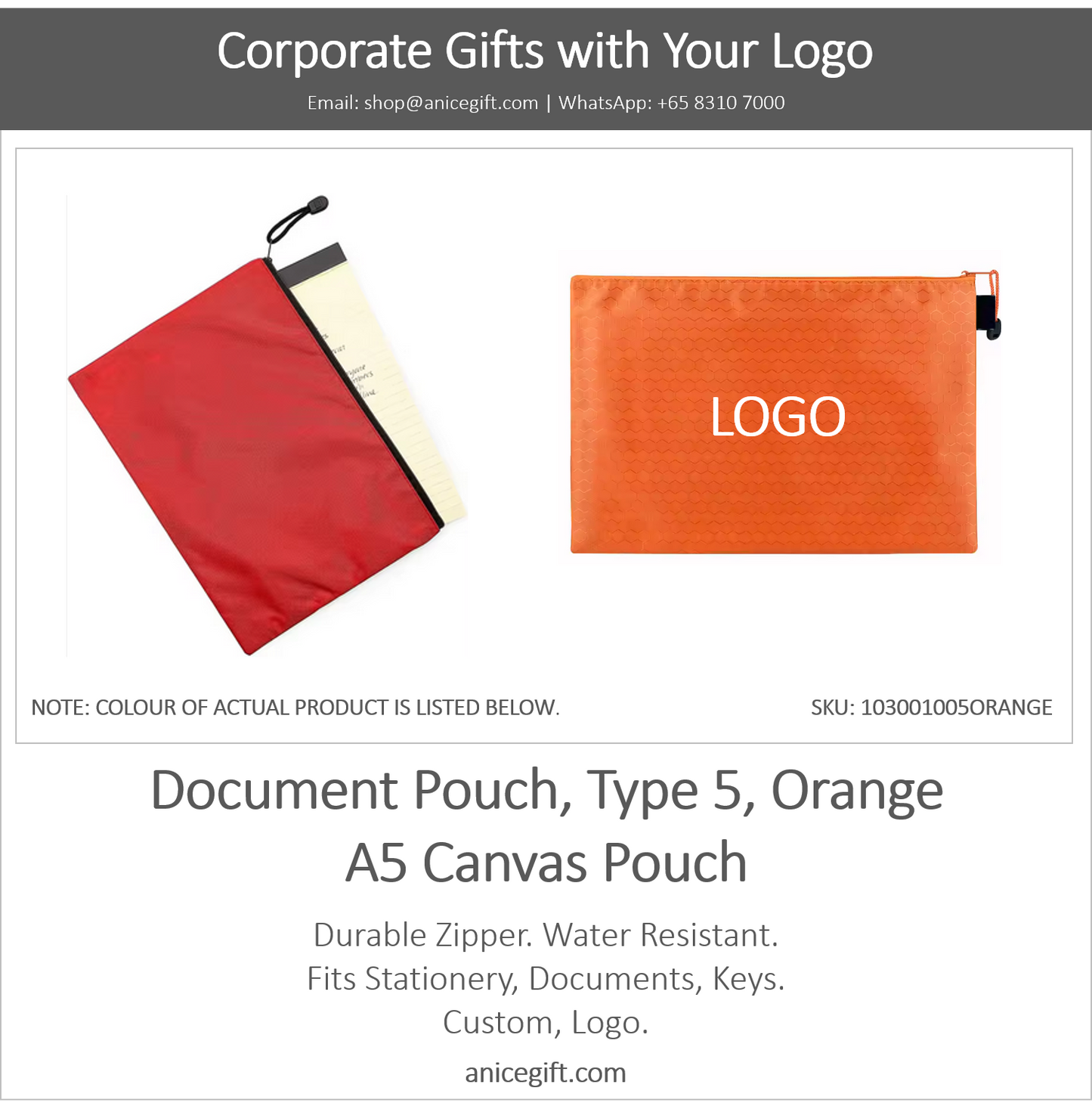 Document Pouch, Type 5, Orange | A5 Canvas Pouch