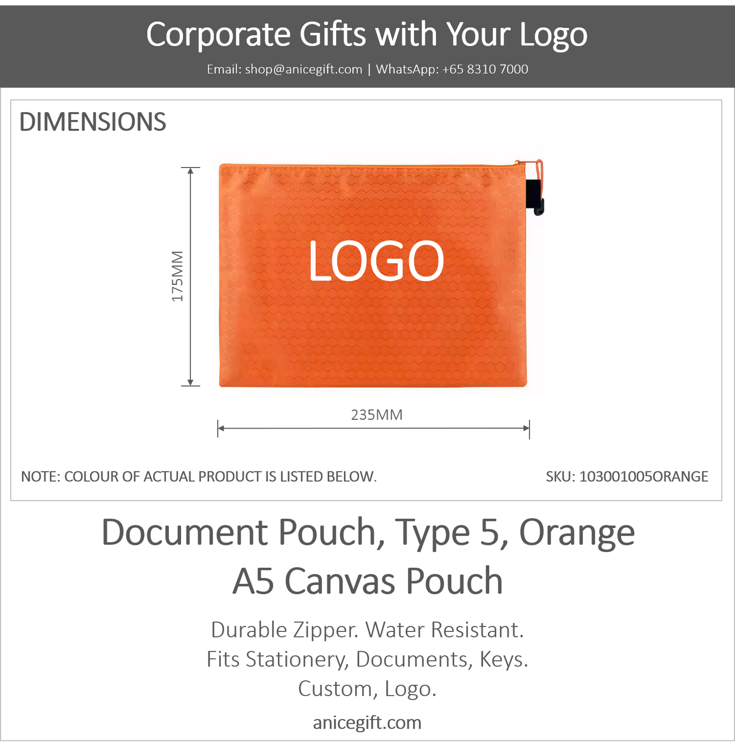Document Pouch, Type 5, Orange | A5 Canvas Pouch