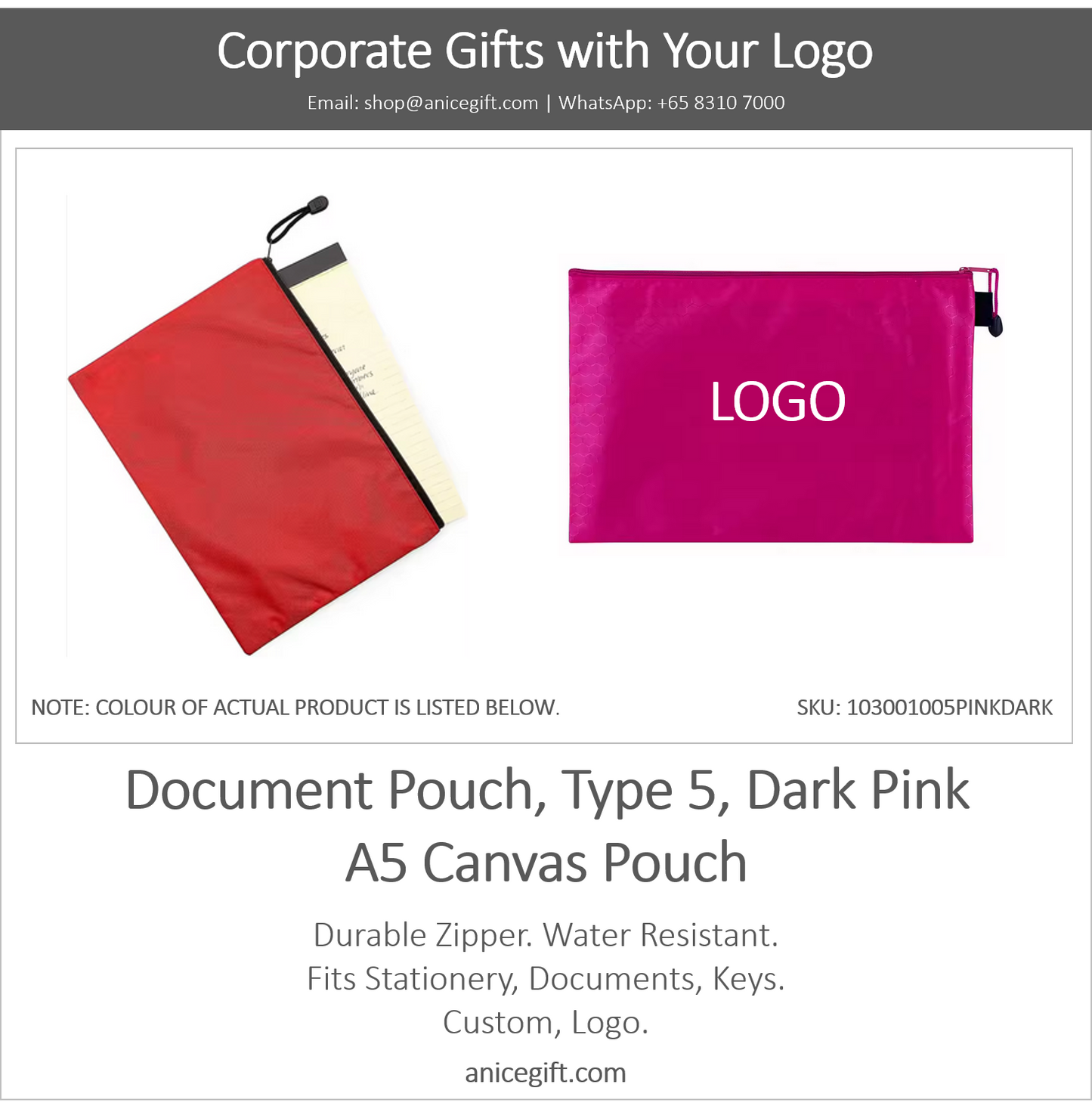 Document Pouch, Type 5, Dark Pink | A5 Canvas Pouch