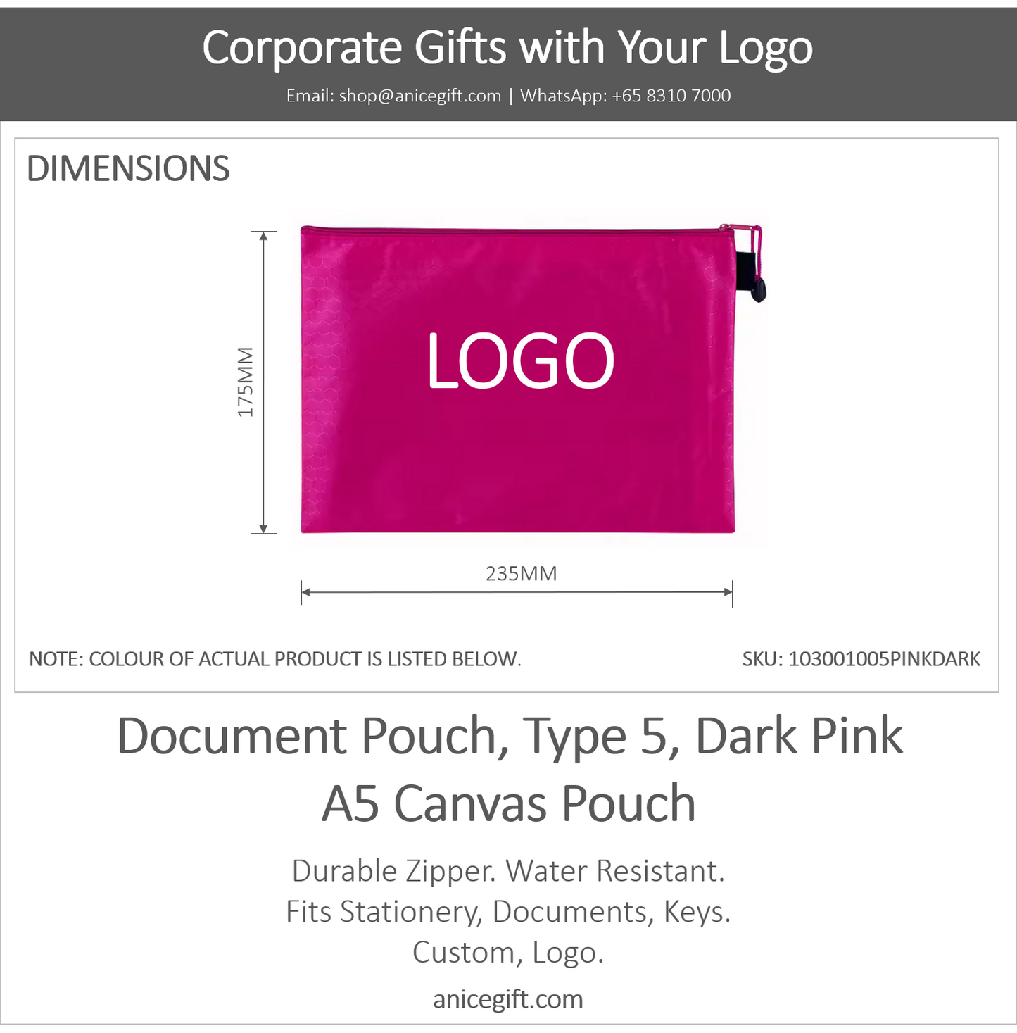 Document Pouch, Type 5, Dark Pink | A5 Canvas Pouch