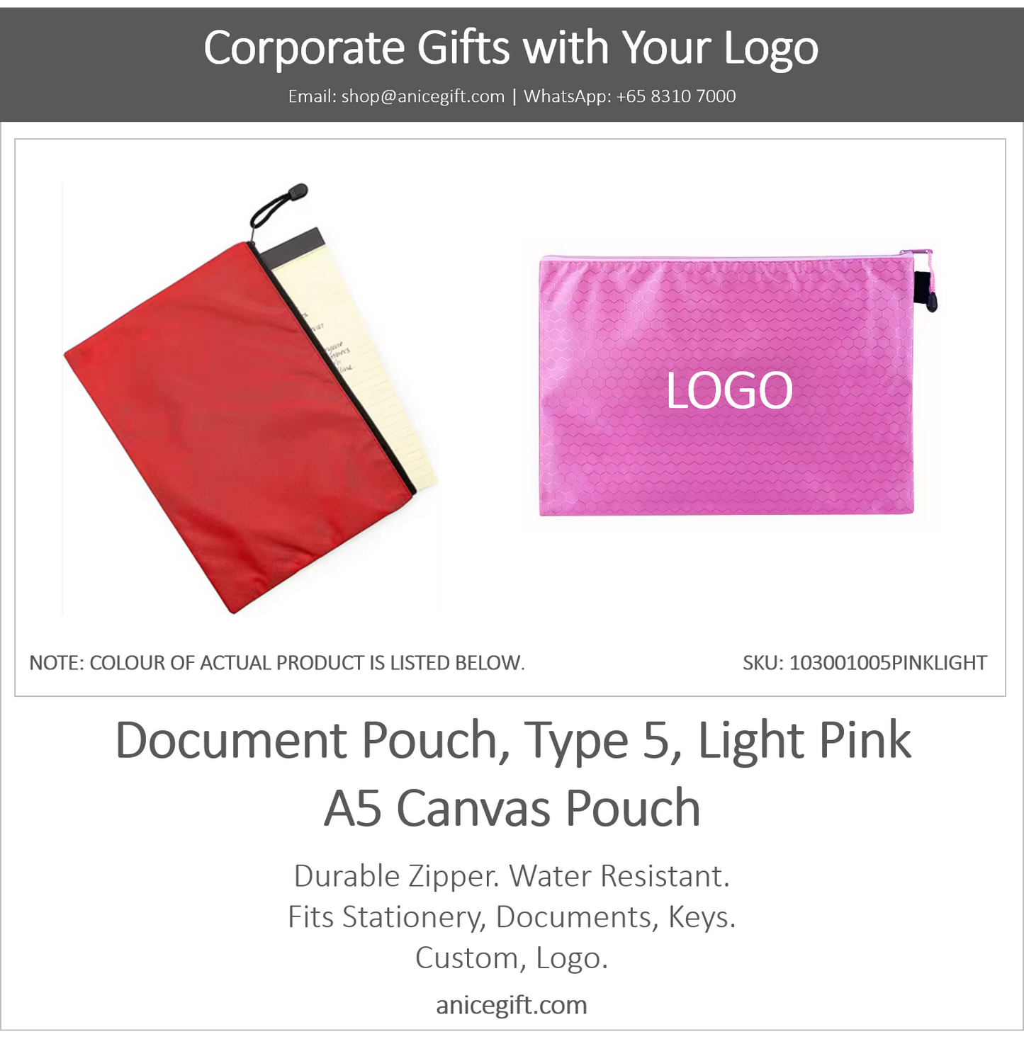 Document Pouch, Type 5, Light Pink | A5 Canvas Pouch