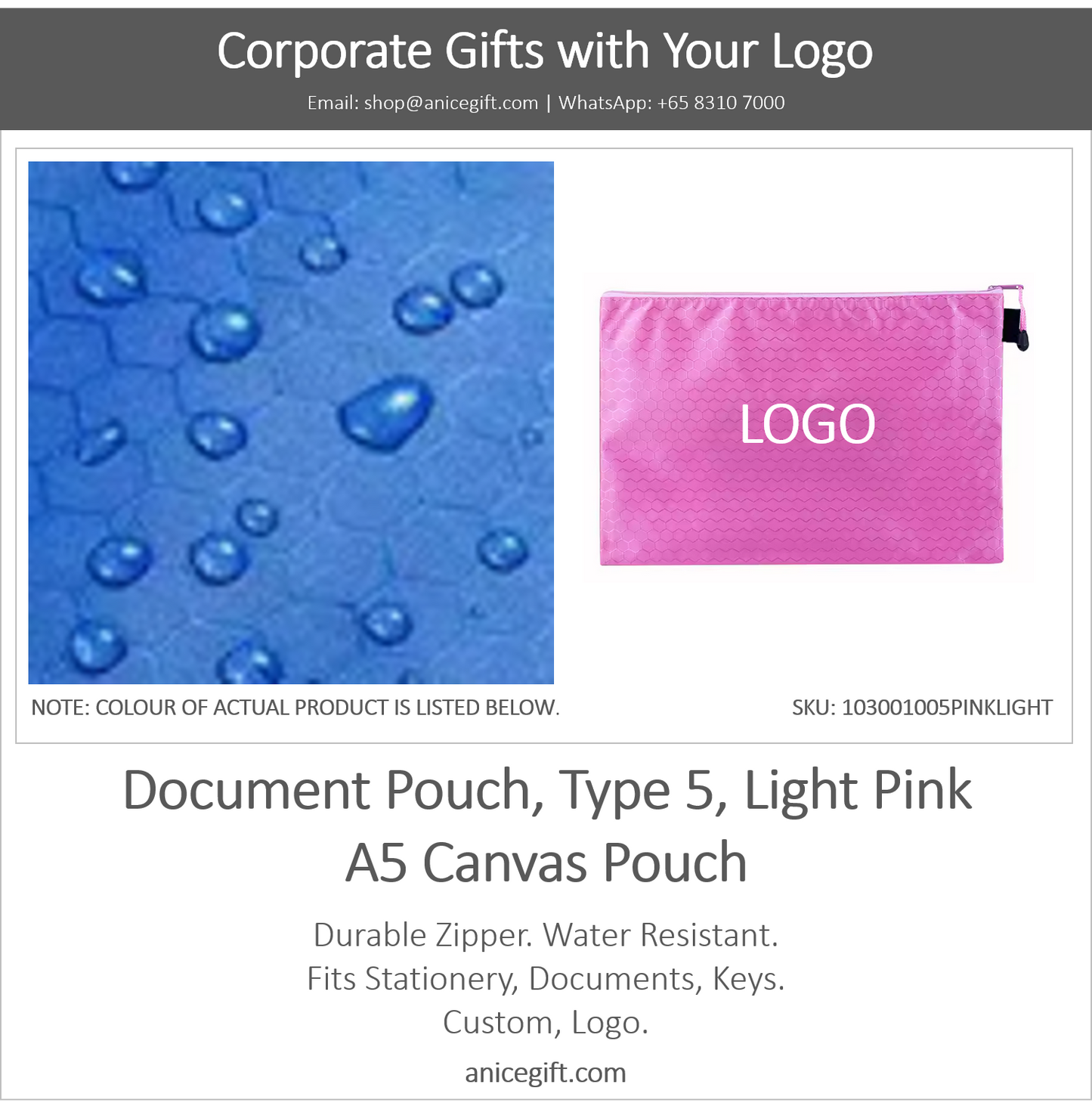Document Pouch, Type 5, Light Pink | A5 Canvas Pouch