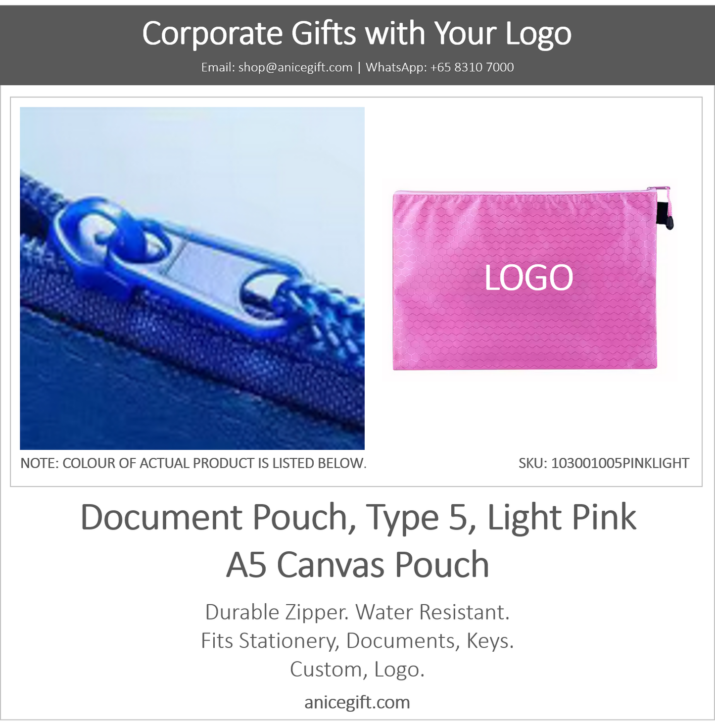 Document Pouch, Type 5, Light Pink | A5 Canvas Pouch