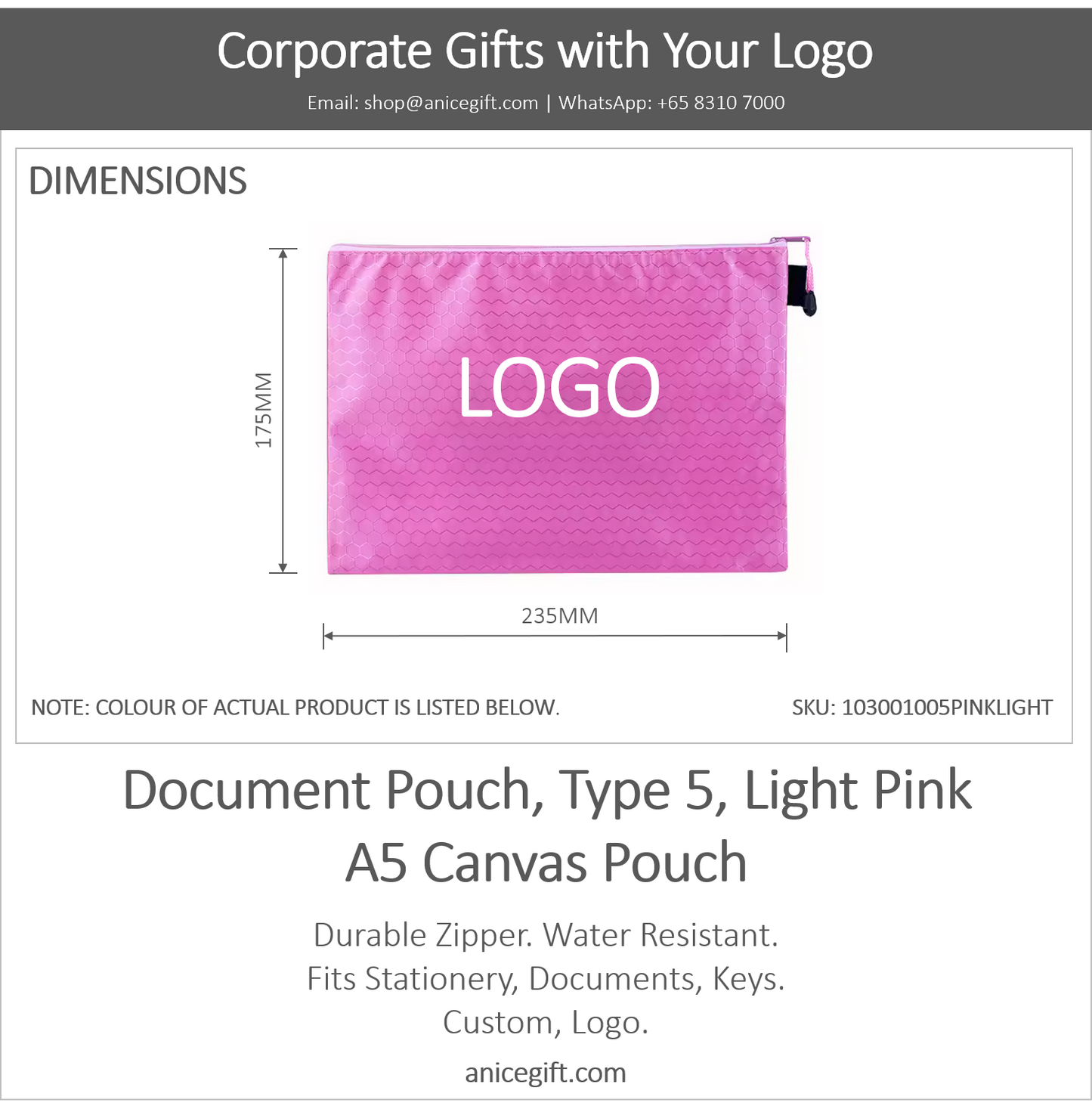 Document Pouch, Type 5, Light Pink | A5 Canvas Pouch