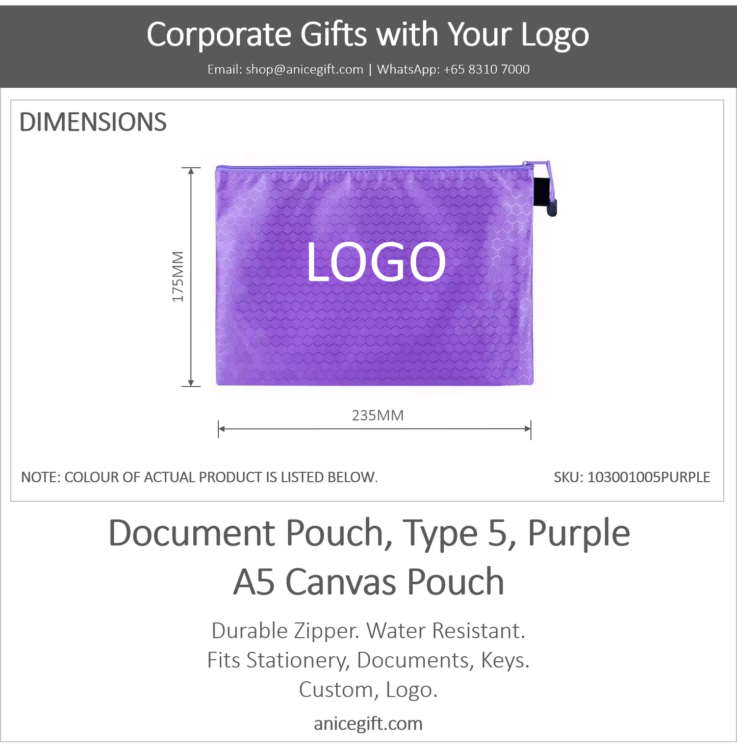 Document Pouch, Type 5, Purple | A5 Canvas Pouch