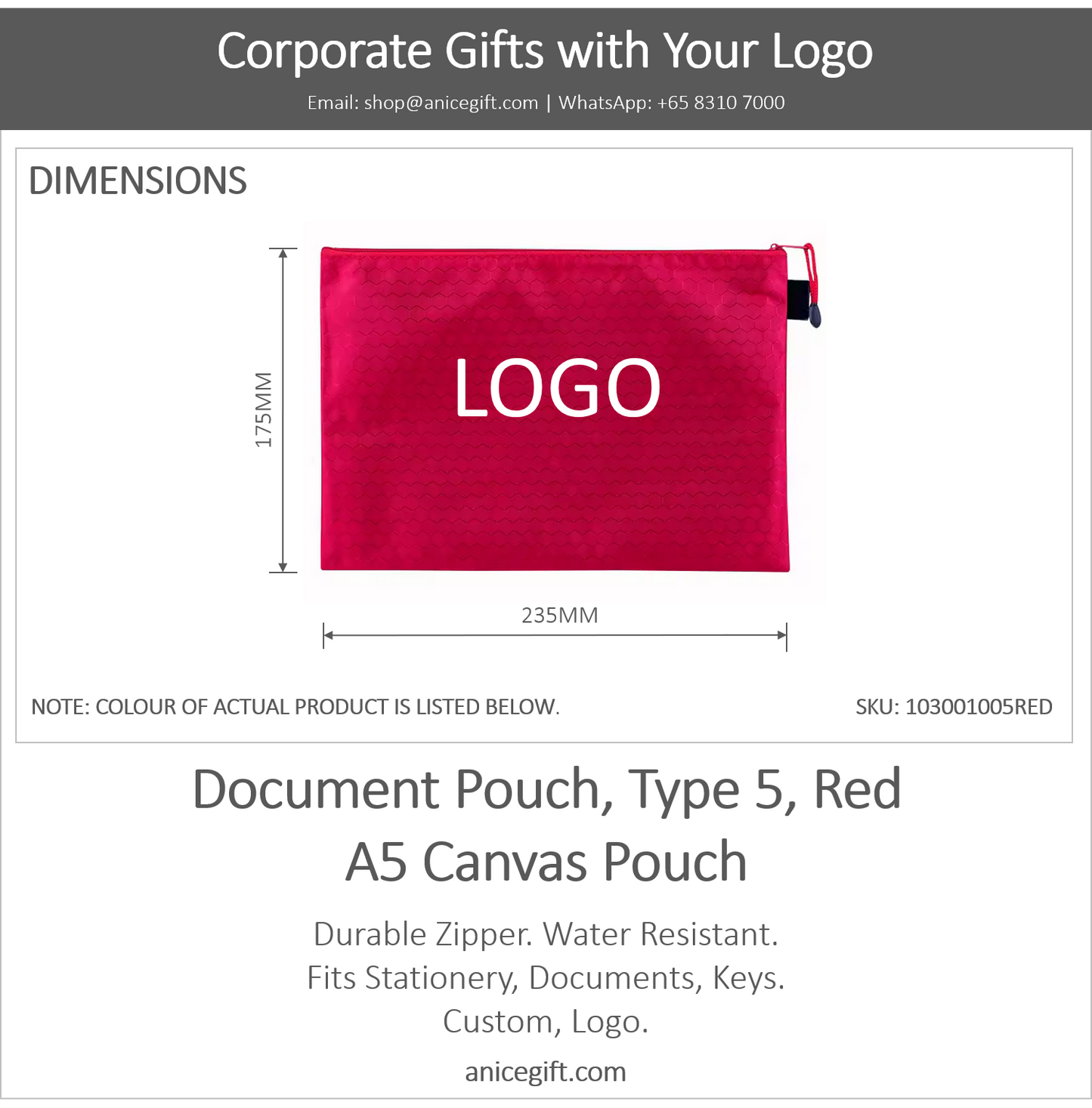 Document Pouch, Type 5, Red | A5 Canvas Pouch