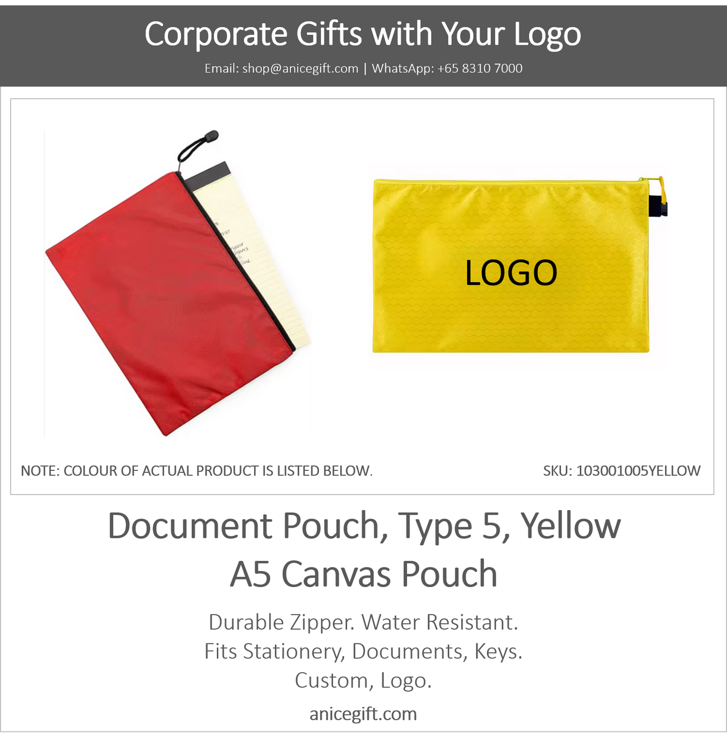 Document Pouch, Type 5, Yellow | A5 Canvas Pouch