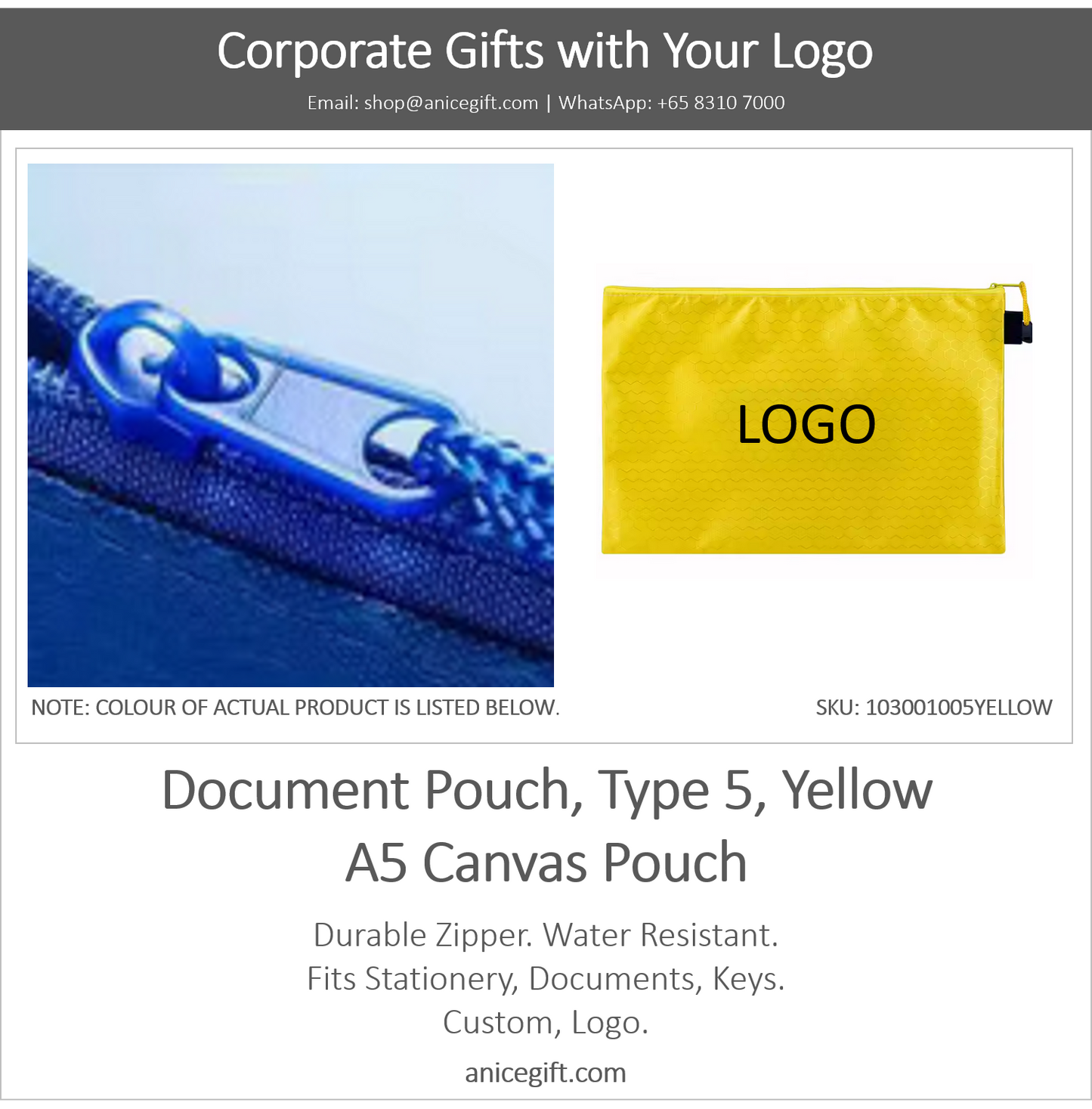 Document Pouch, Type 5, Yellow | A5 Canvas Pouch