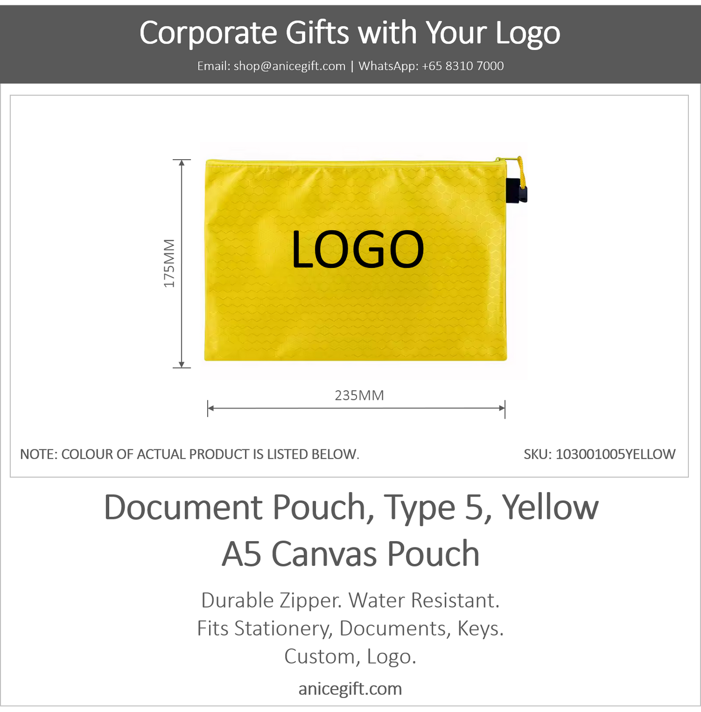Document Pouch, Type 5, Yellow | A5 Canvas Pouch