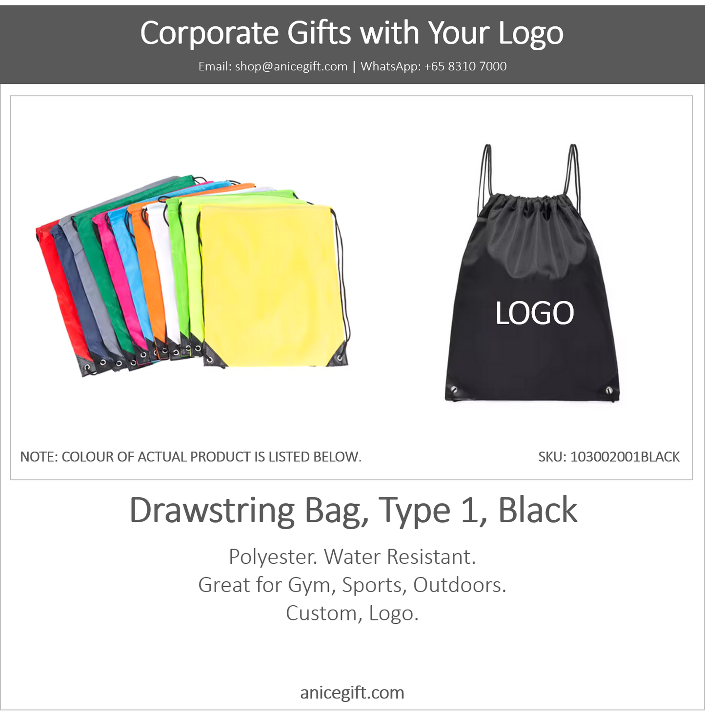 Drawstring Bag, Type 1, Black