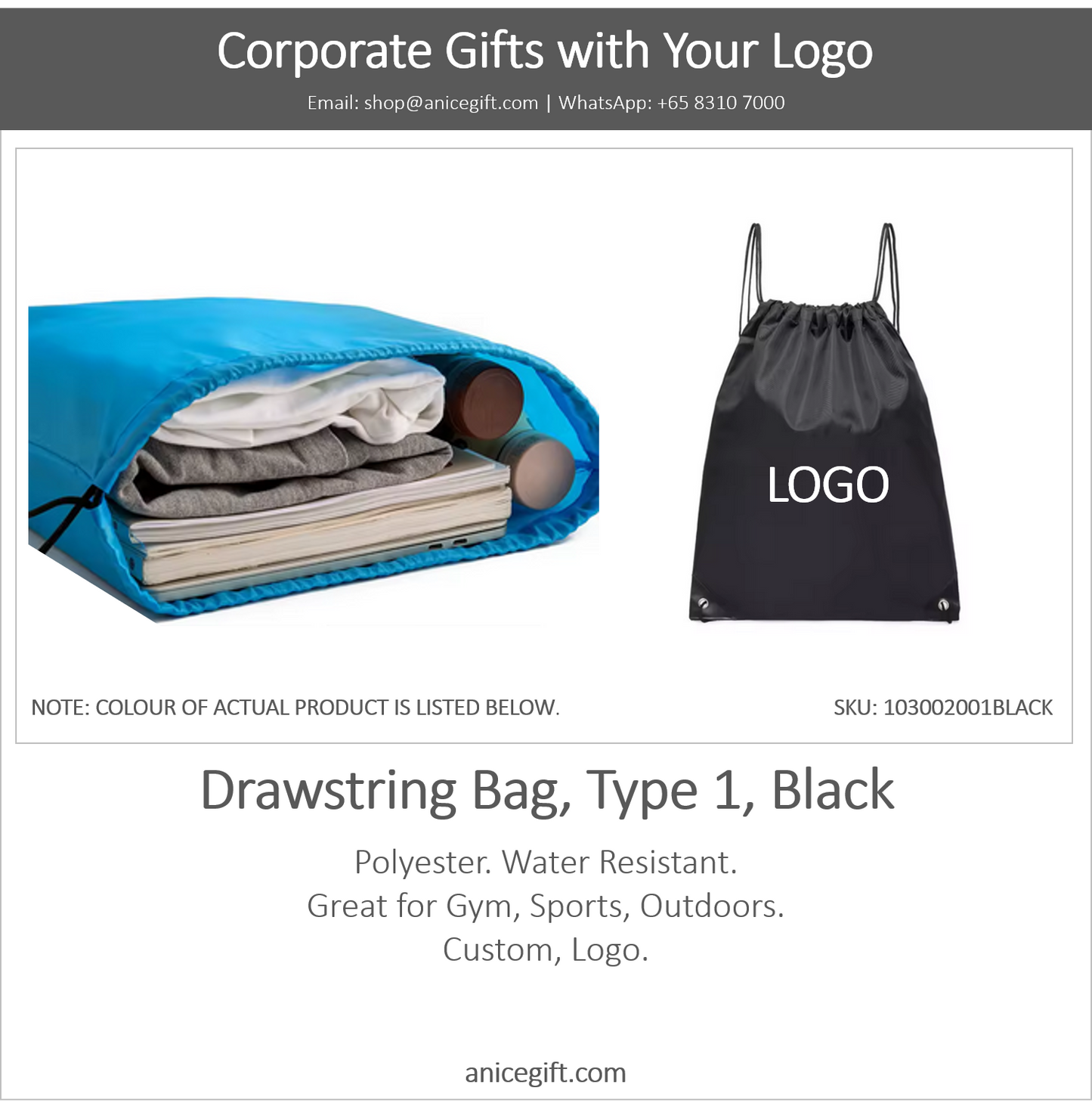 Drawstring Bag, Type 1, Black