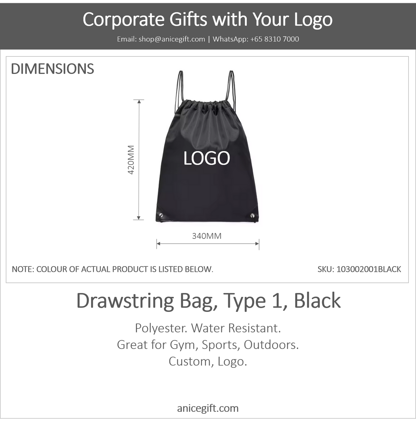 Drawstring Bag, Type 1, Black