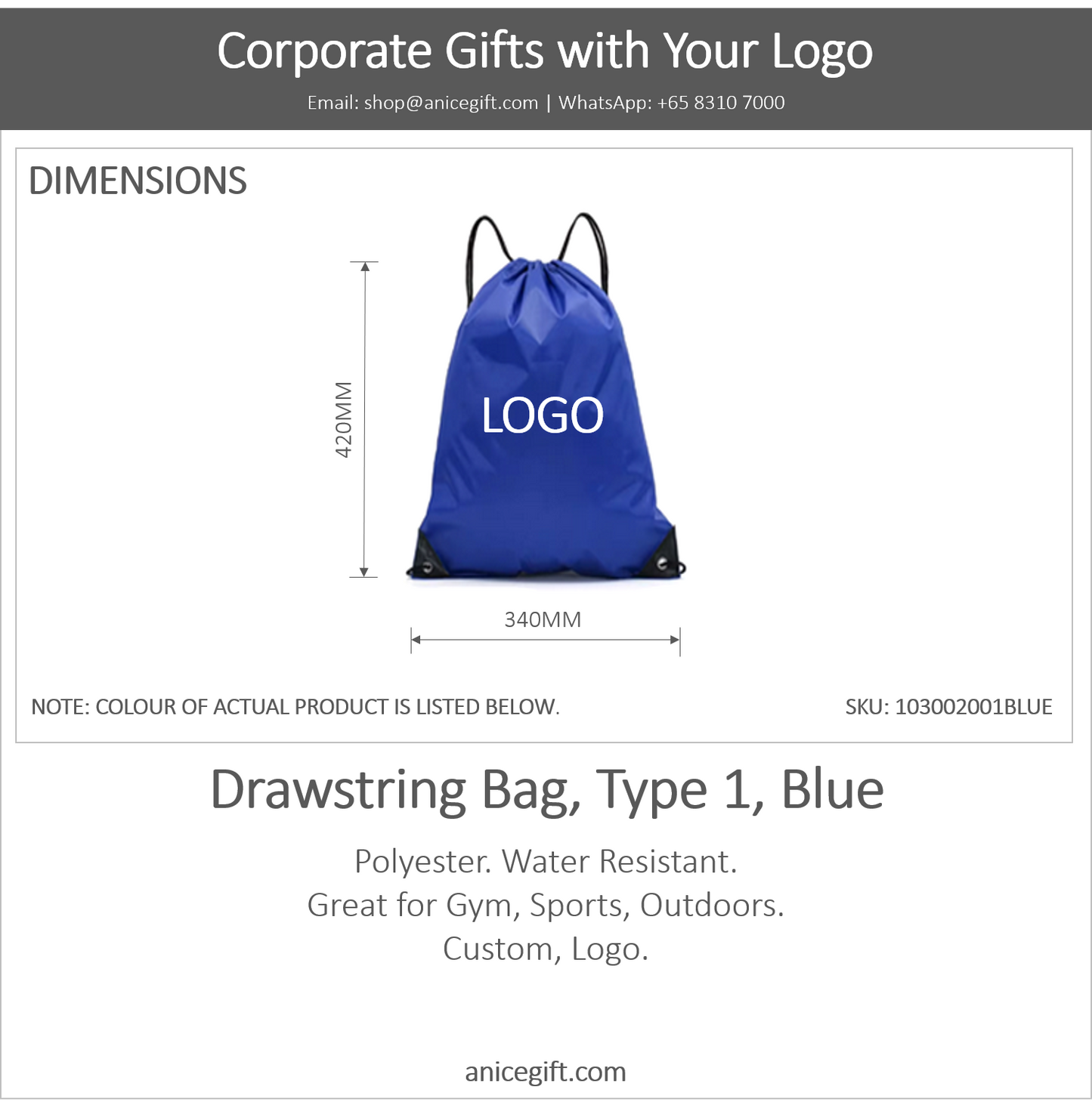Drawstring Bag, Type 1, Blue