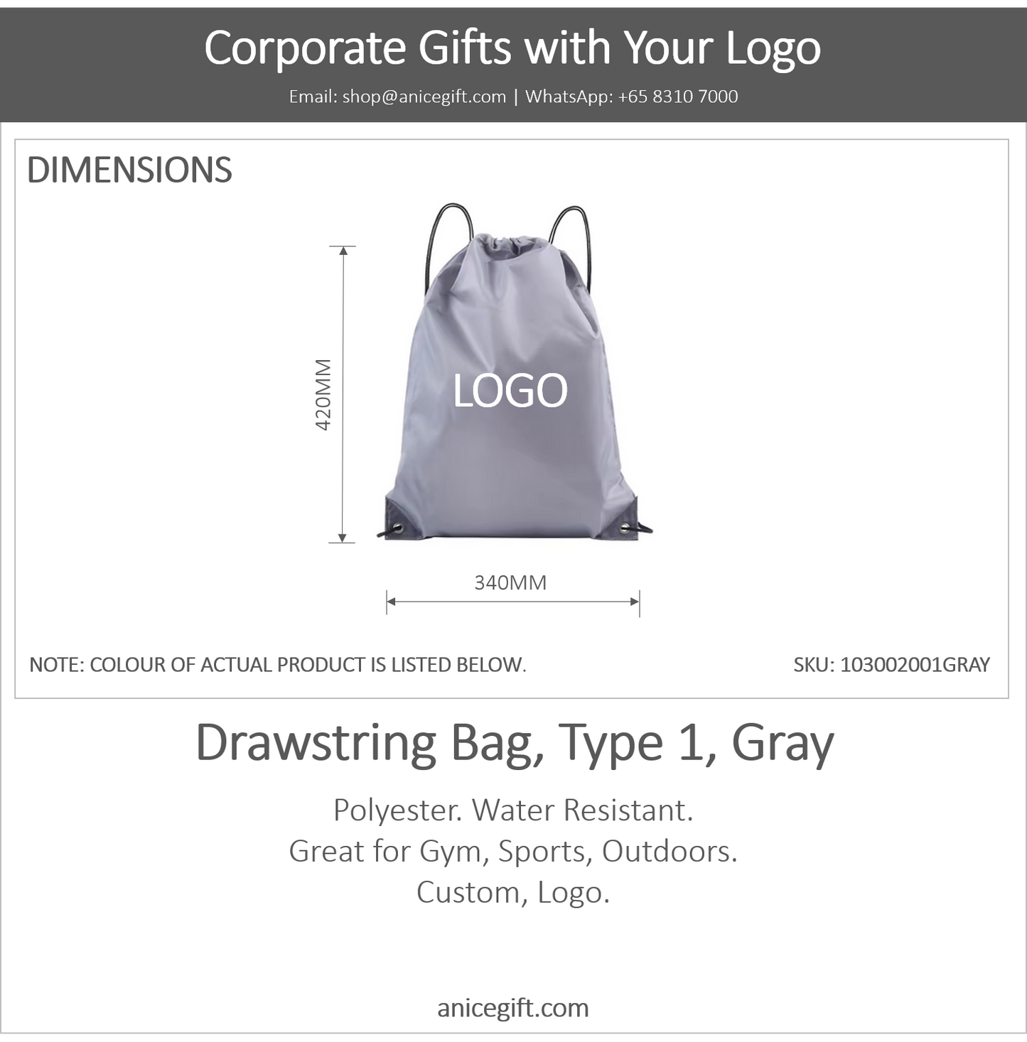 Drawstring Bag, Type 1, Gray