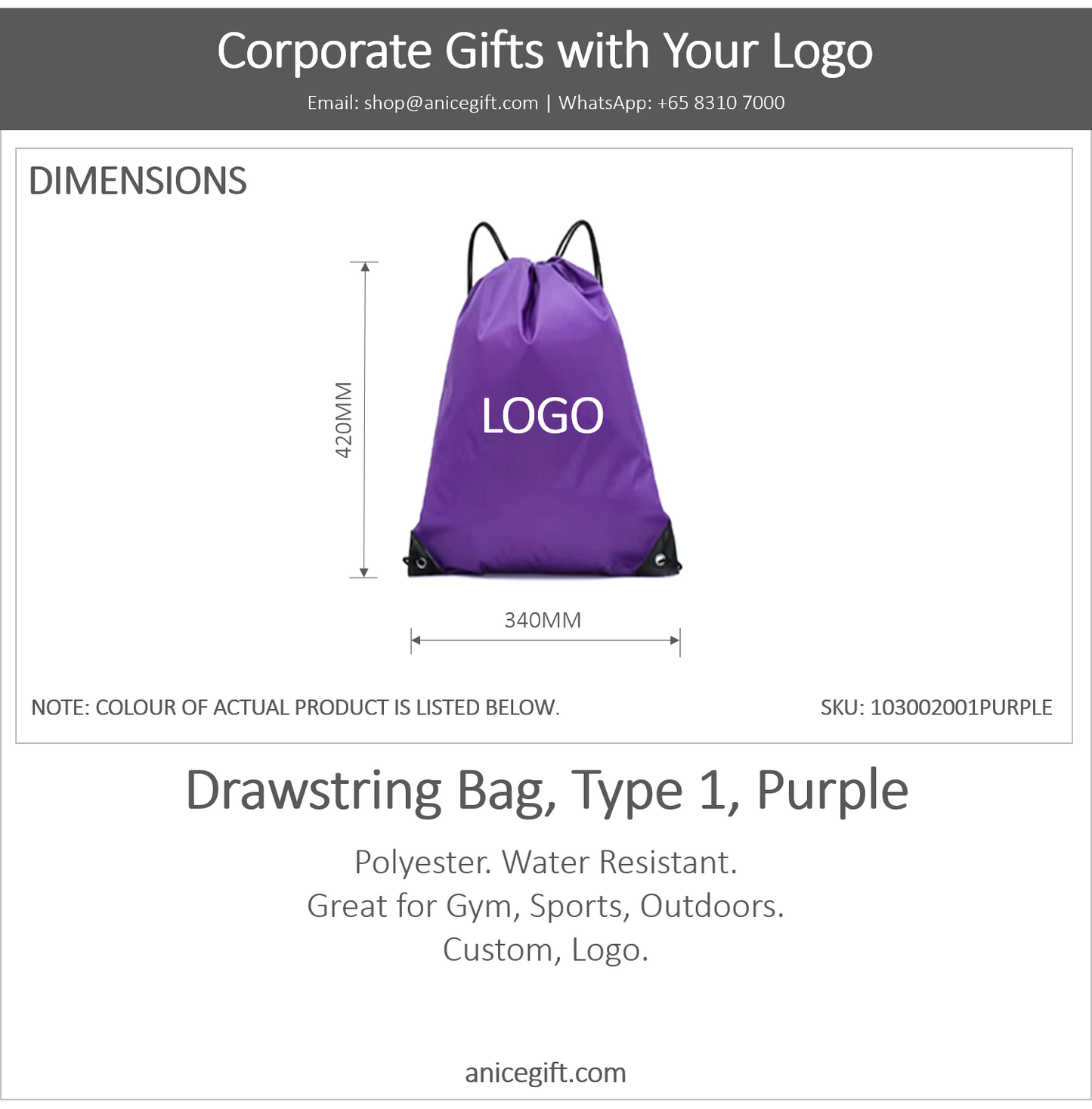 Drawstring Bag, Type 1, Purple