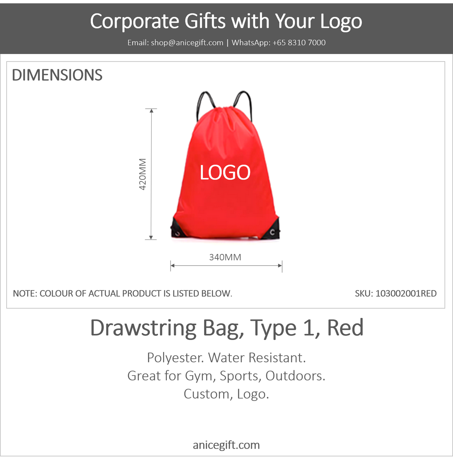 Drawstring Bag, Type 1, Red