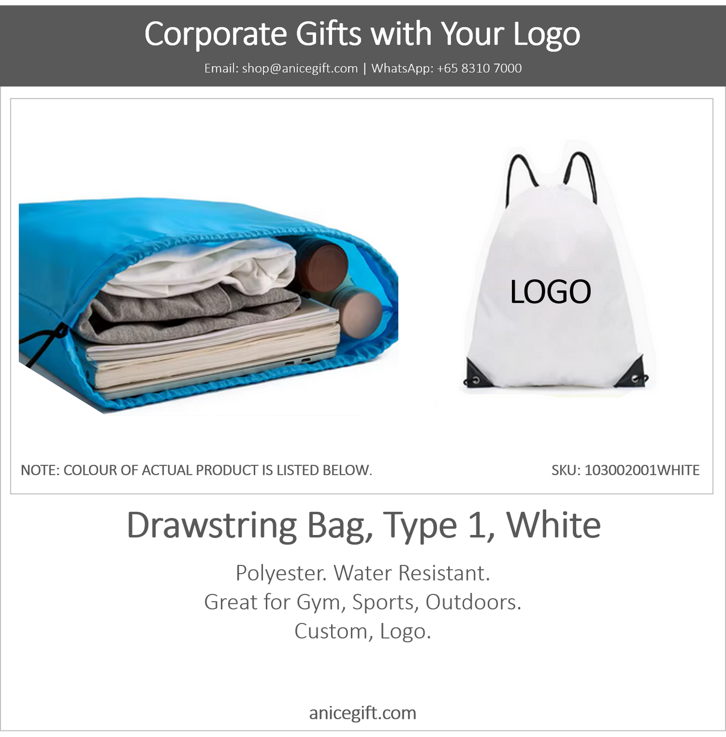 Drawstring Bag, Type 1, White