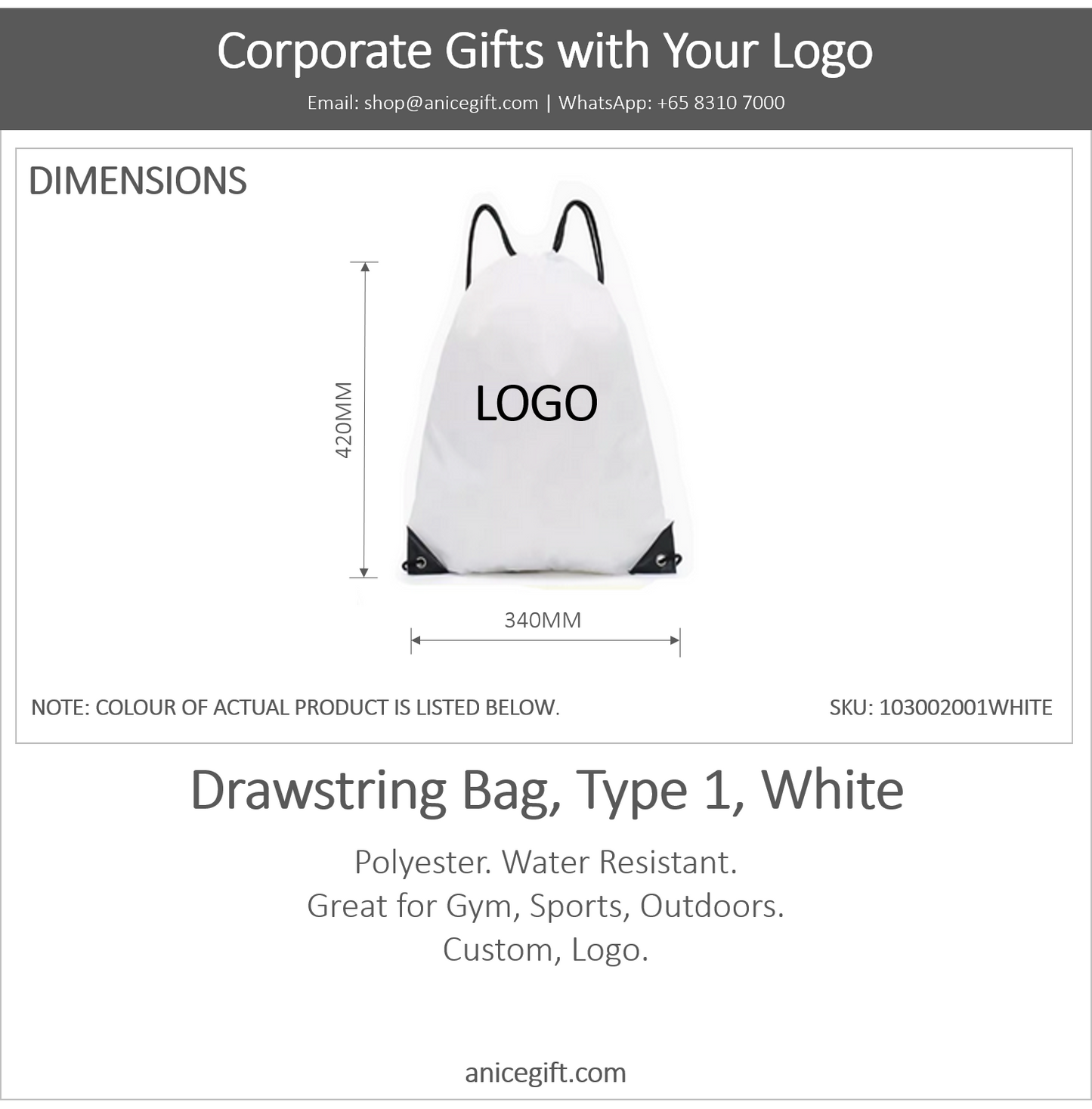 Drawstring Bag, Type 1, White
