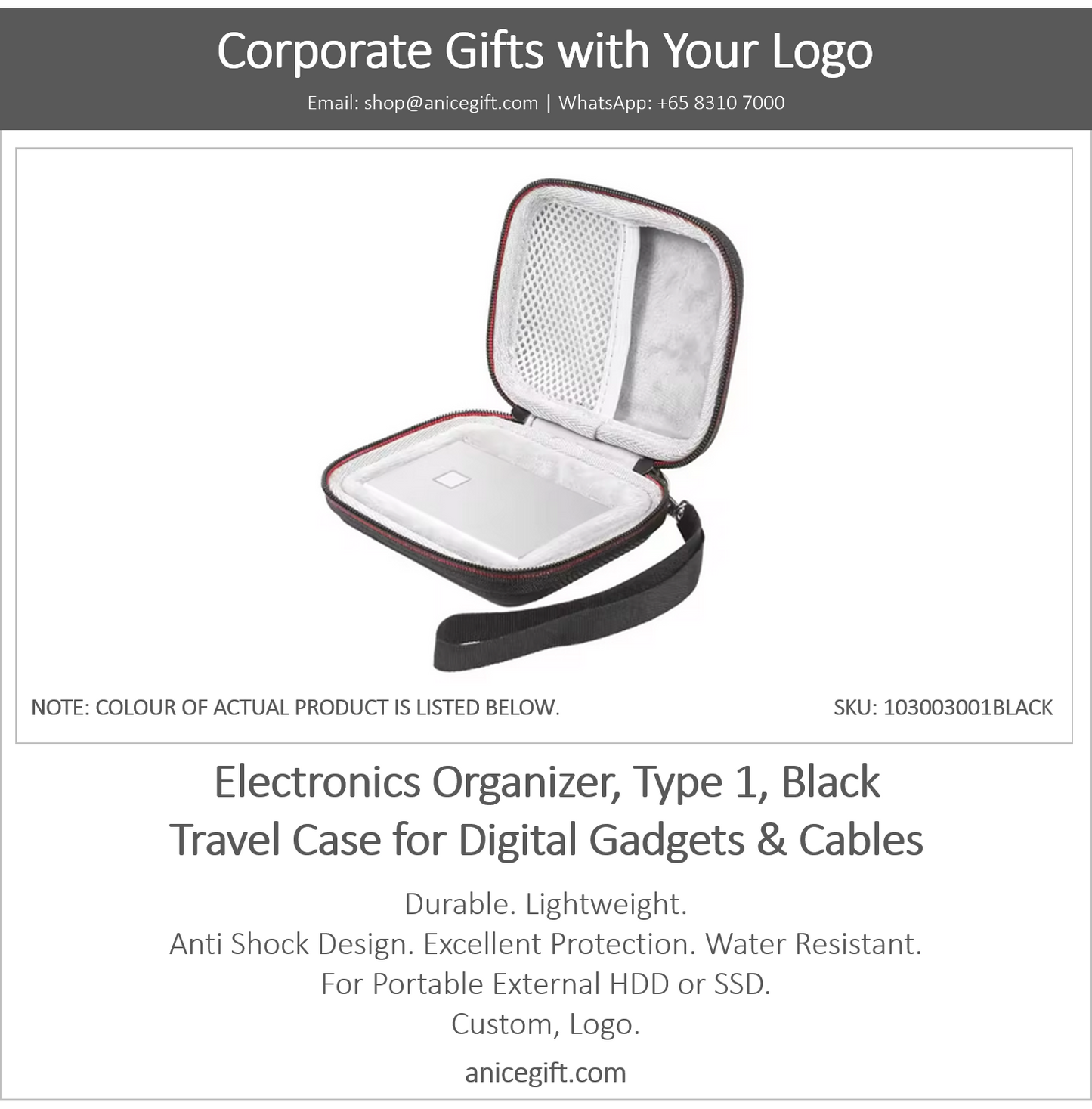 Electronics Organizer, Type 1, Black | Travel Case for Digital Gadgets & Cables