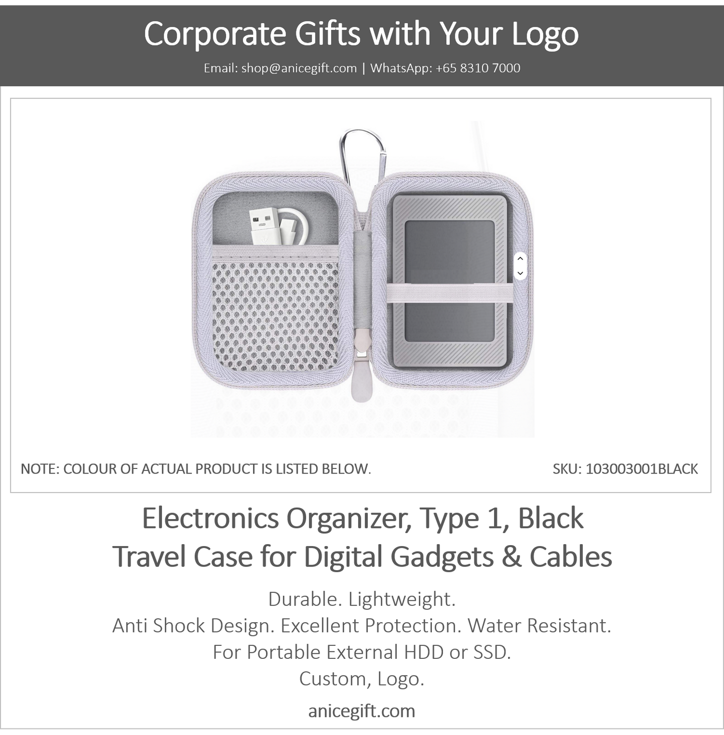 Electronics Organizer, Type 1, Black | Travel Case for Digital Gadgets & Cables