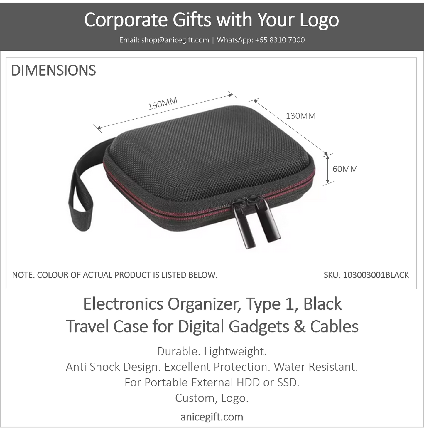 Electronics Organizer, Type 1, Black | Travel Case for Digital Gadgets & Cables