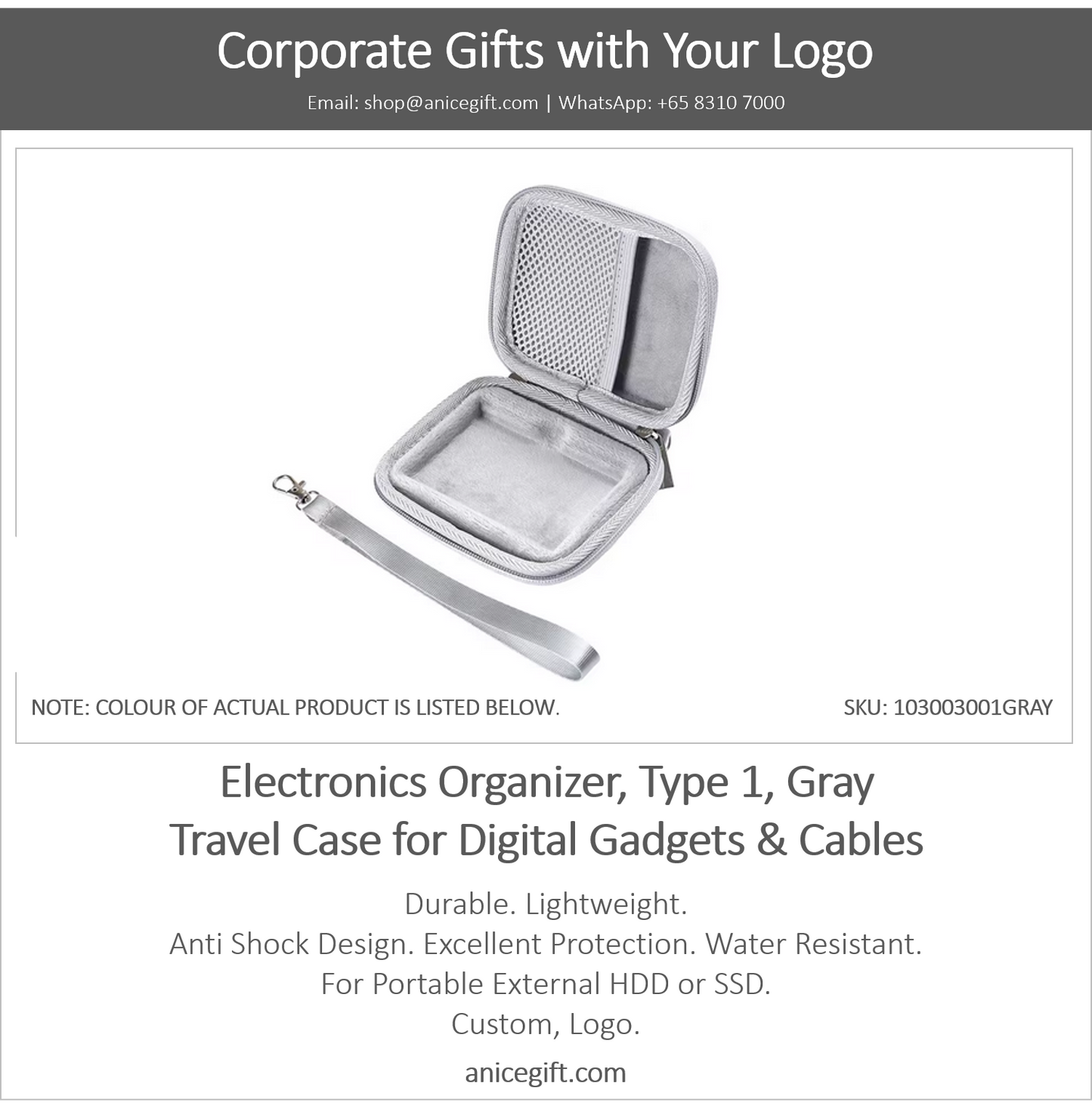 Electronics Organizer, Type 1, Gray | Travel Case for Digital Gadgets & Cables