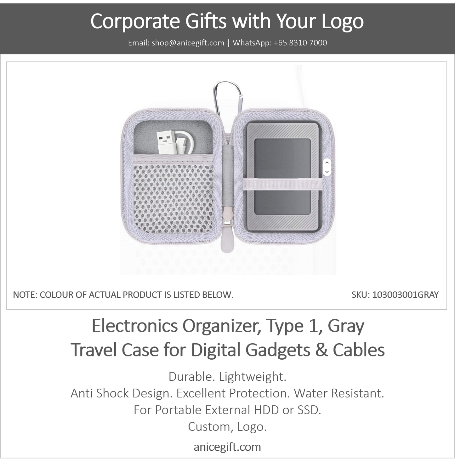 Electronics Organizer, Type 1, Gray | Travel Case for Digital Gadgets & Cables