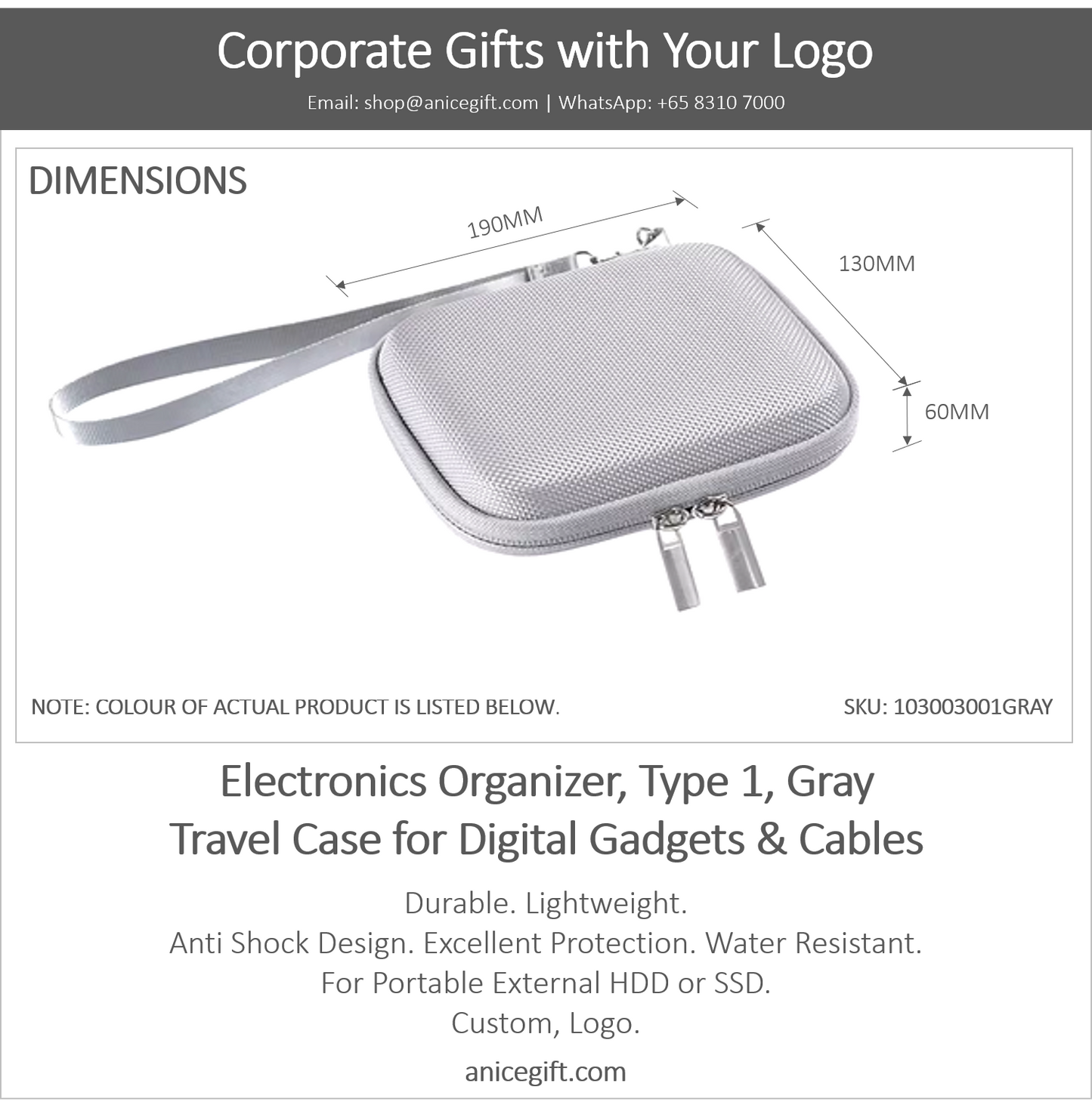 Electronics Organizer, Type 1, Gray | Travel Case for Digital Gadgets & Cables