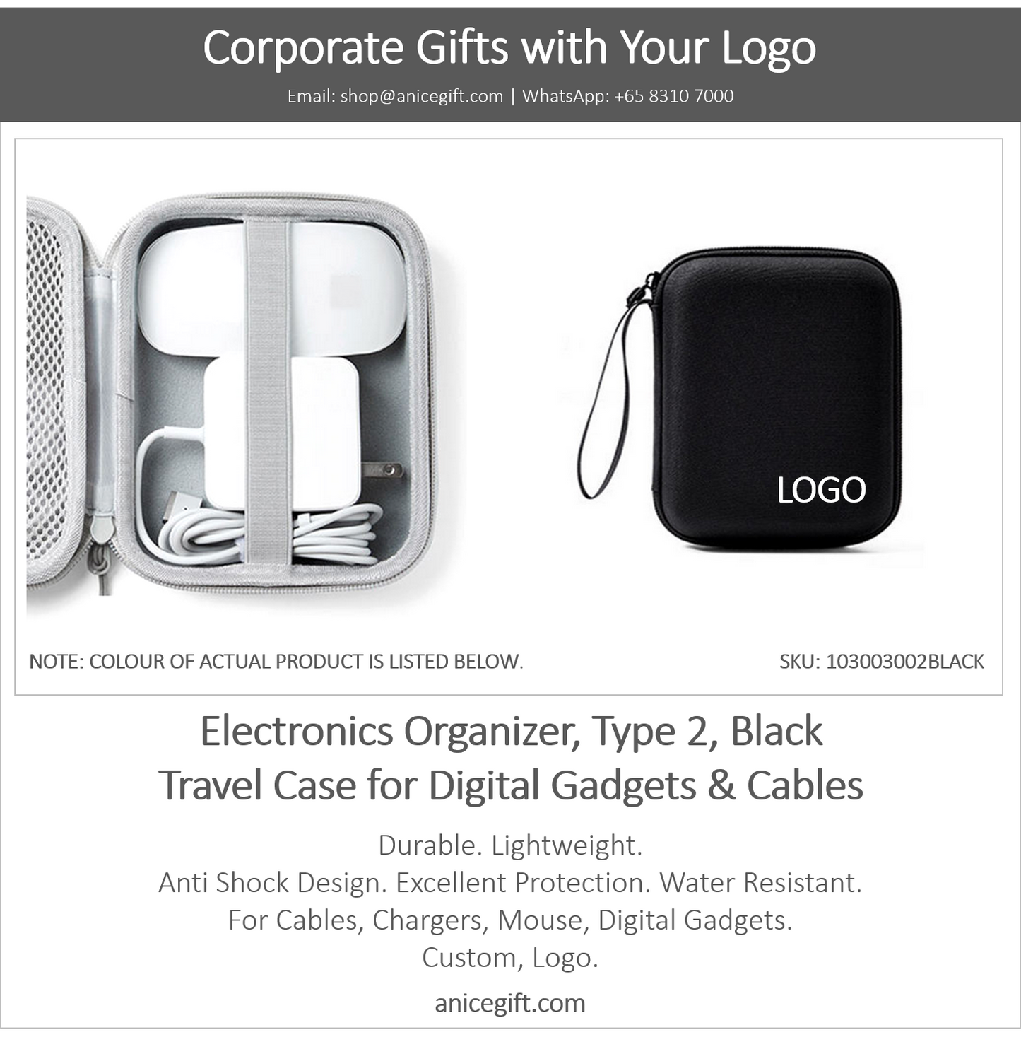 Electronics Organizer, Type 2, Black | Travel Case for Digital Gadgets & Cables