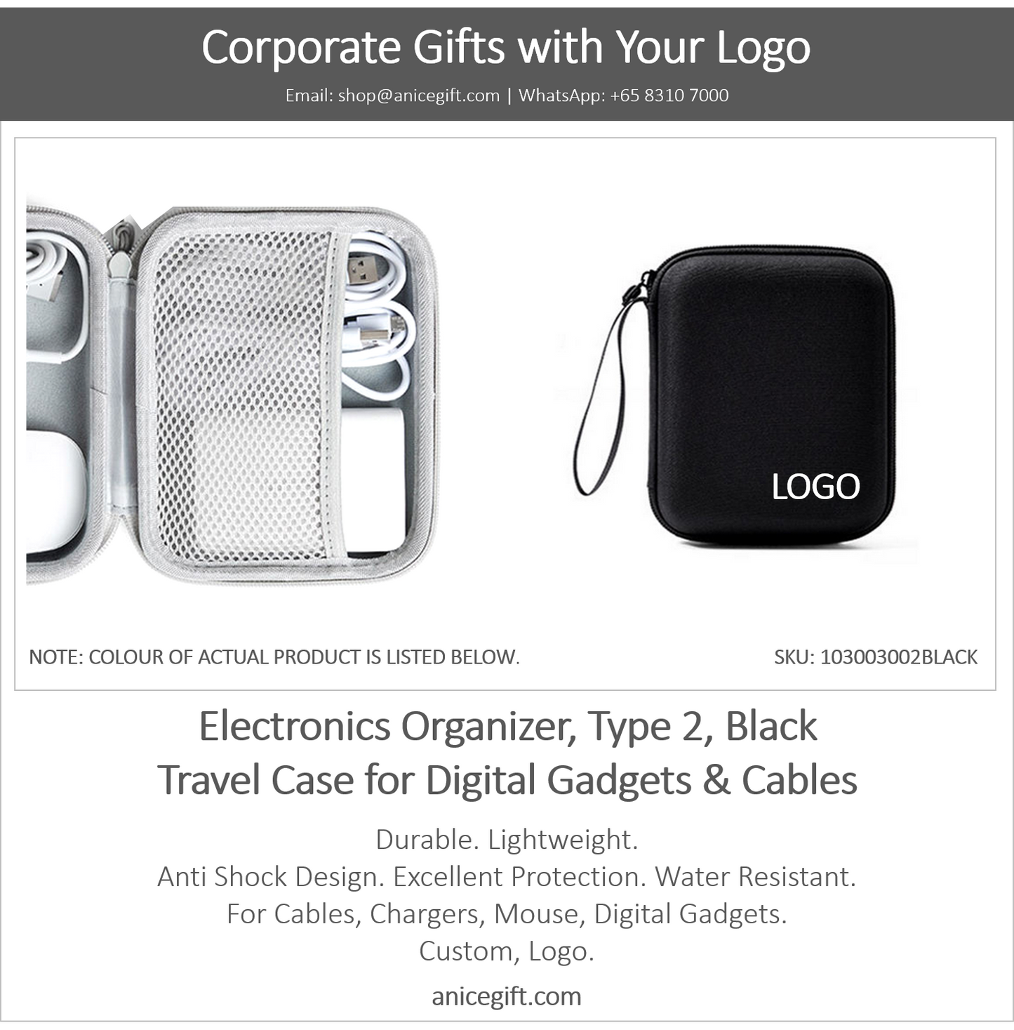 Electronics Organizer, Type 2, Black | Travel Case for Digital Gadgets & Cables