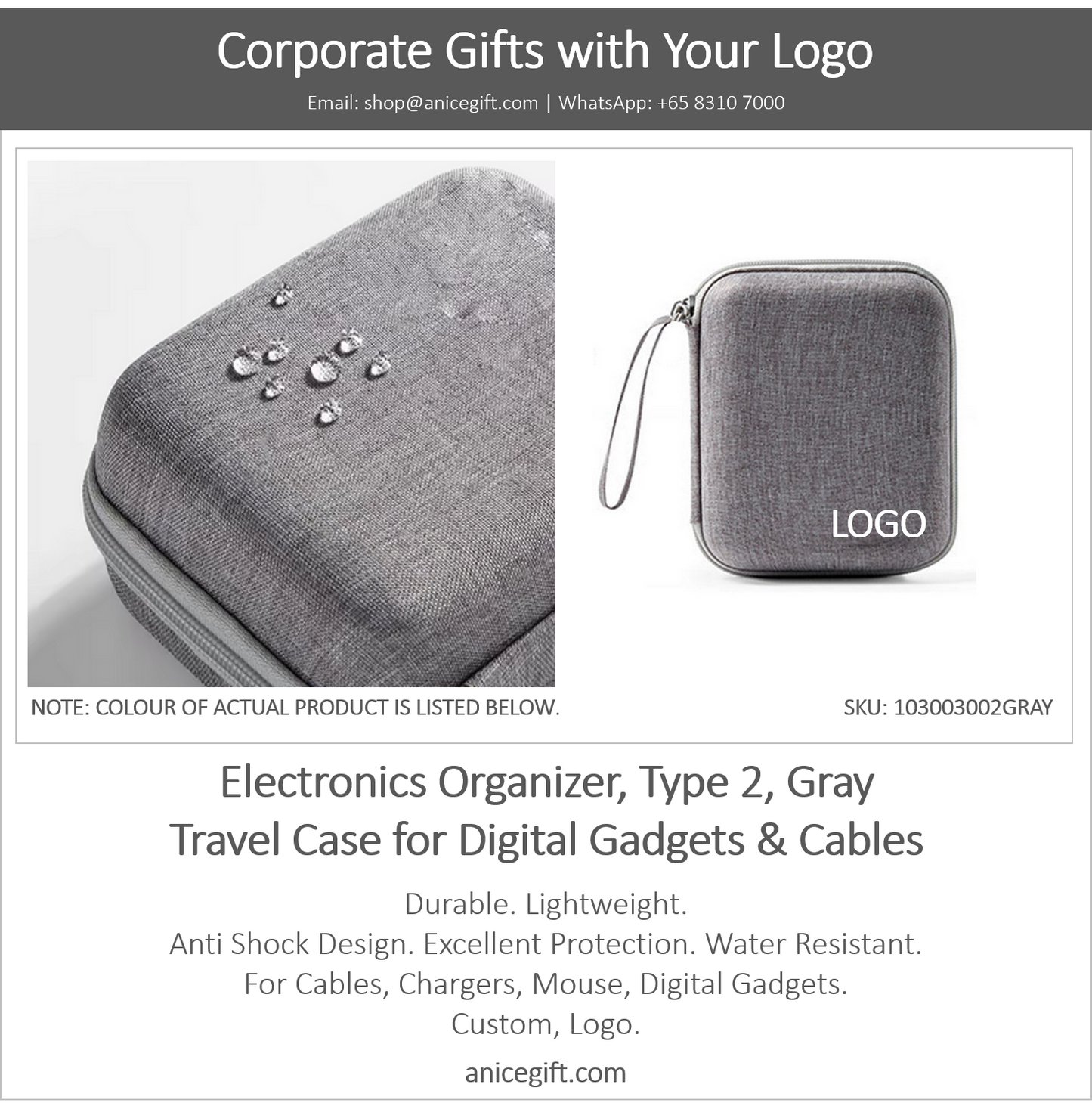 Electronics Organizer, Type 2, Gray | Travel Case for Digital Gadgets & Cables