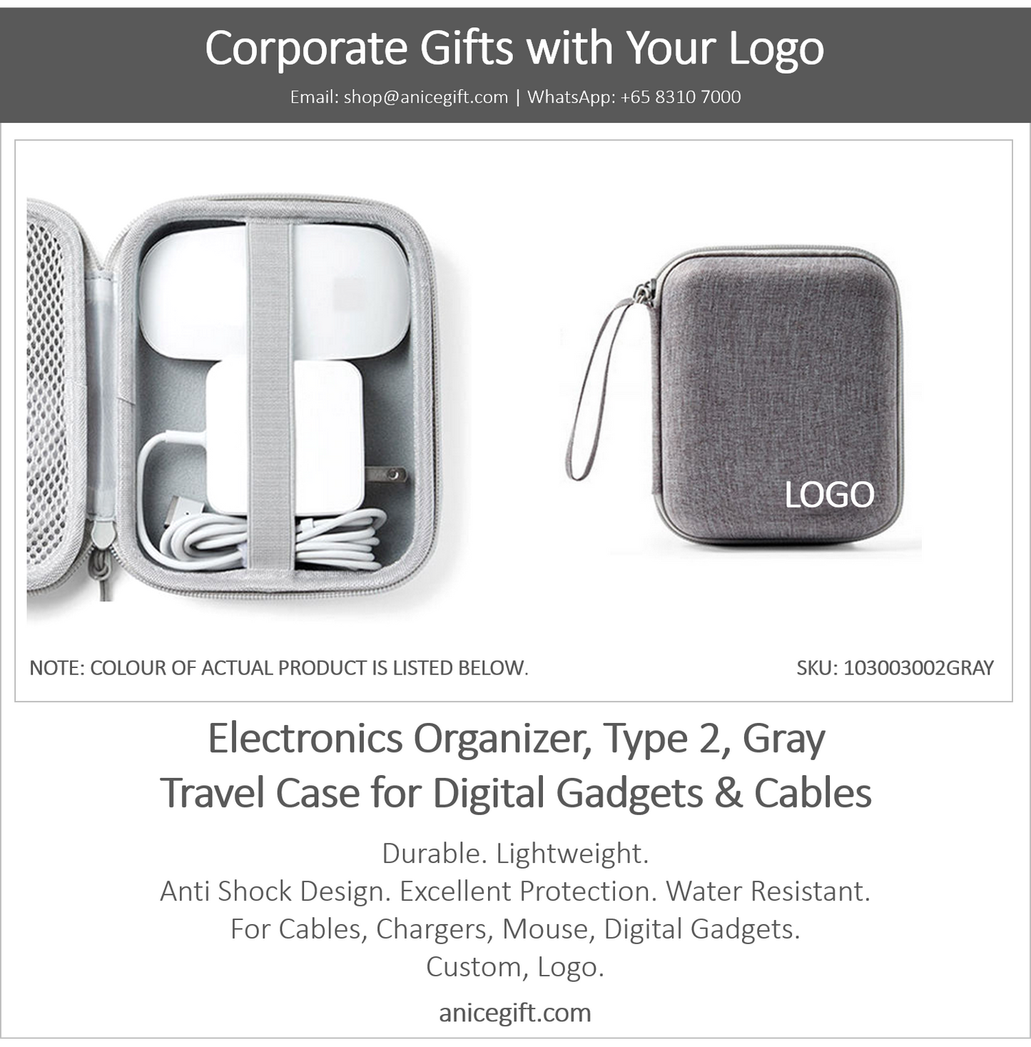 Electronics Organizer, Type 2, Gray | Travel Case for Digital Gadgets & Cables