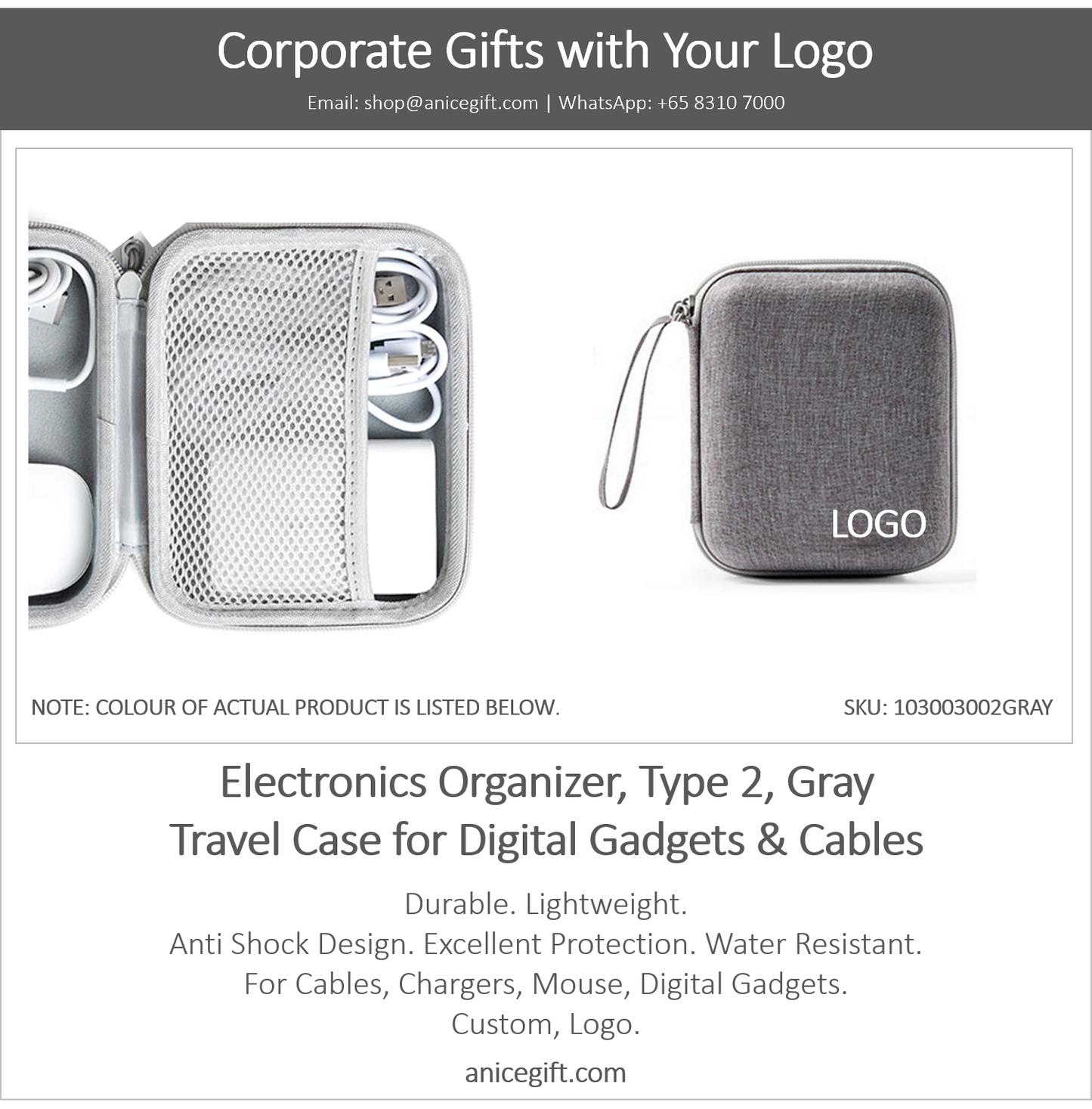 Electronics Organizer, Type 2, Gray | Travel Case for Digital Gadgets & Cables