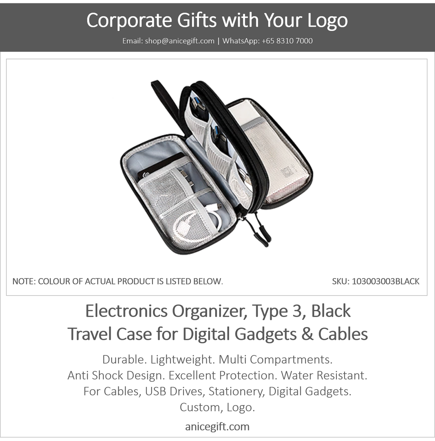 Electronics Organizer, Type 3, Black | Travel Case for Digital Gadgets & Cables