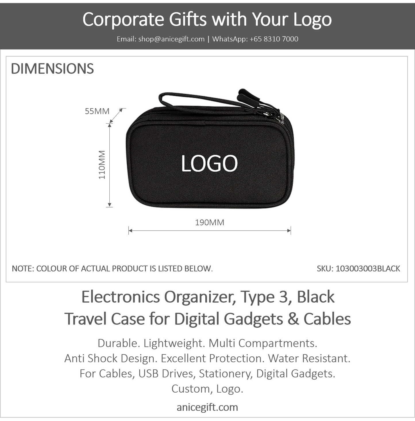 Electronics Organizer, Type 3, Black | Travel Case for Digital Gadgets & Cables