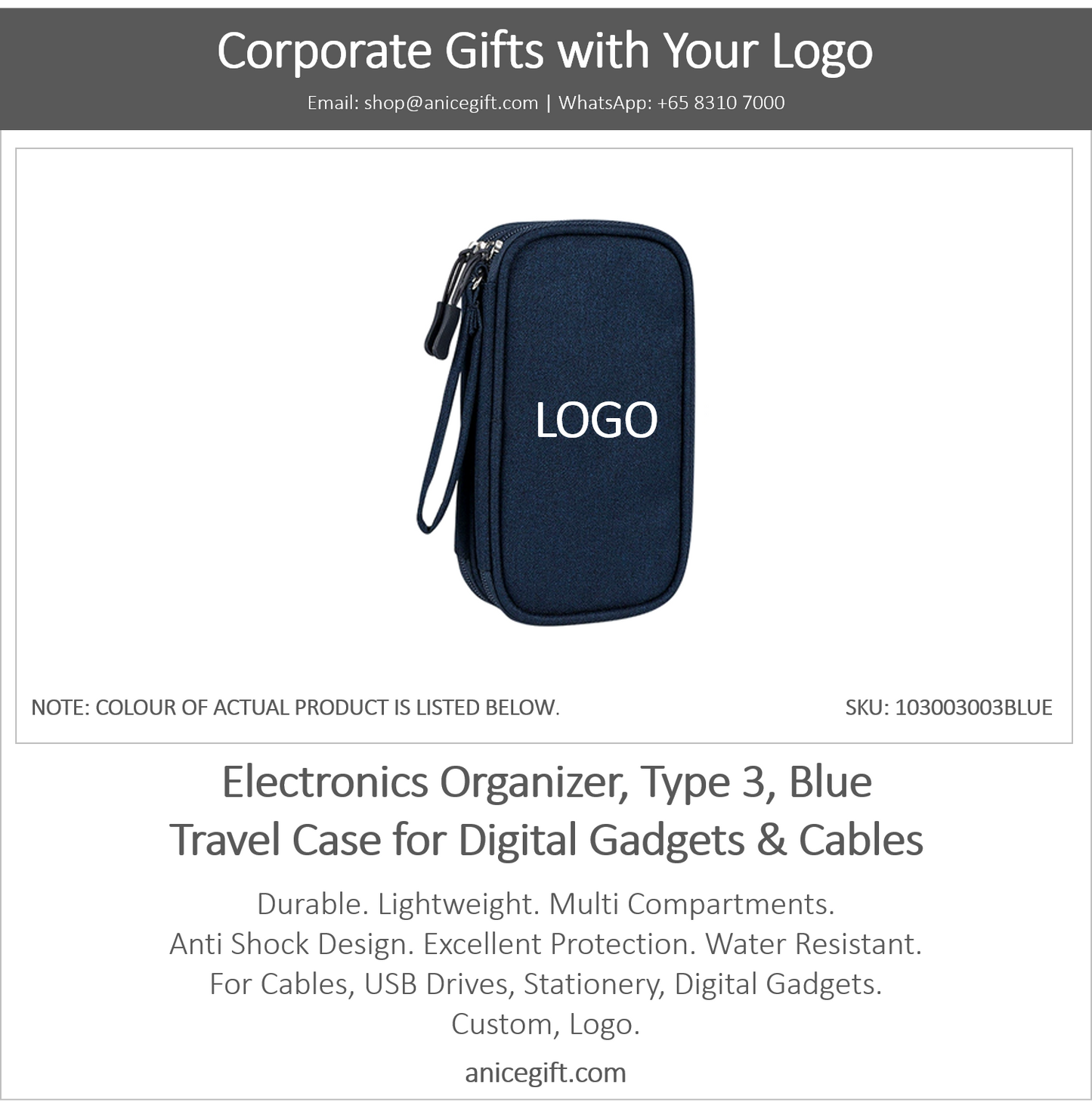 Electronics Organizer, Type 3, Blue | Travel Case for Digital Gadgets & Cables