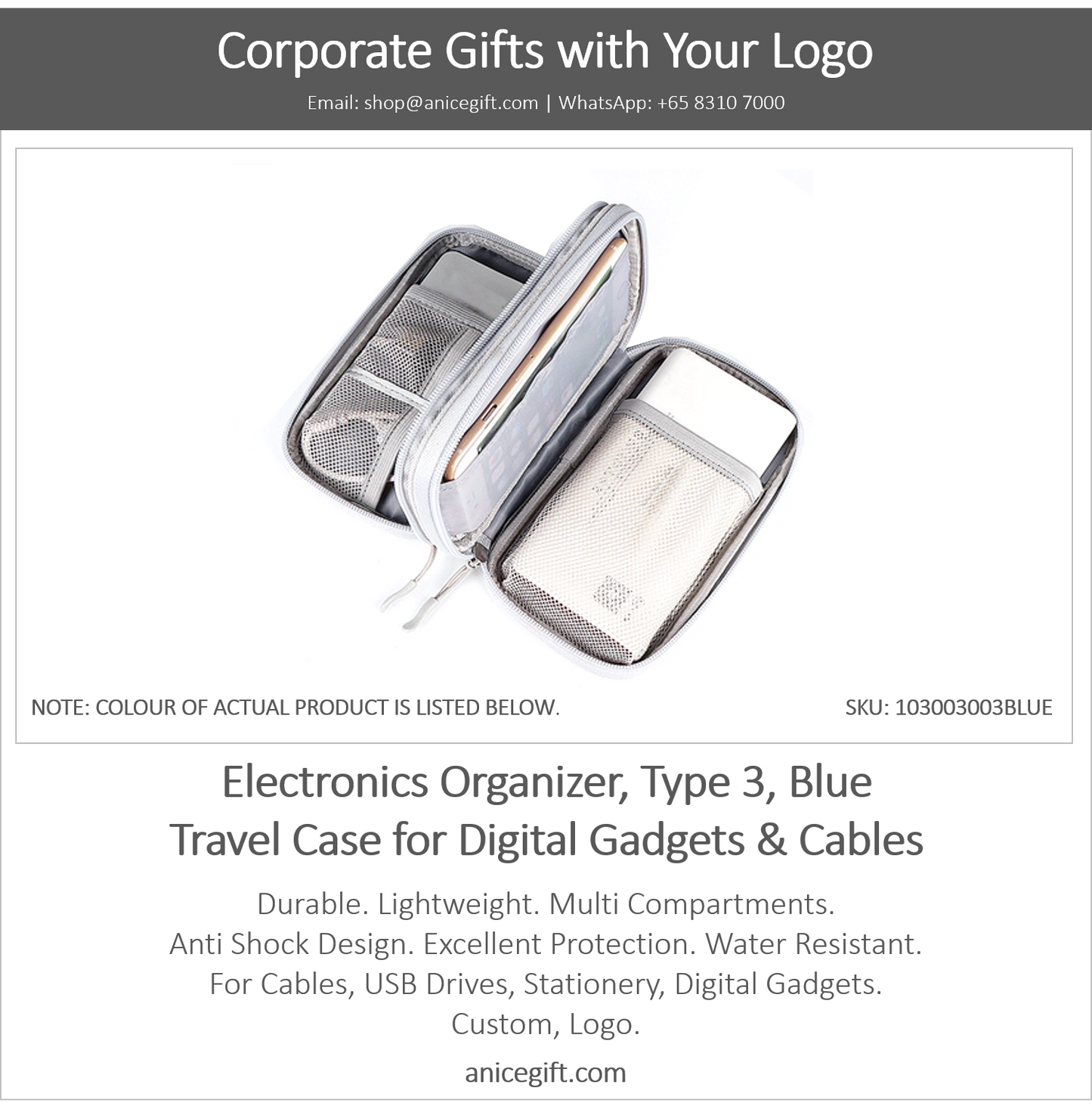 Electronics Organizer, Type 3, Blue | Travel Case for Digital Gadgets & Cables
