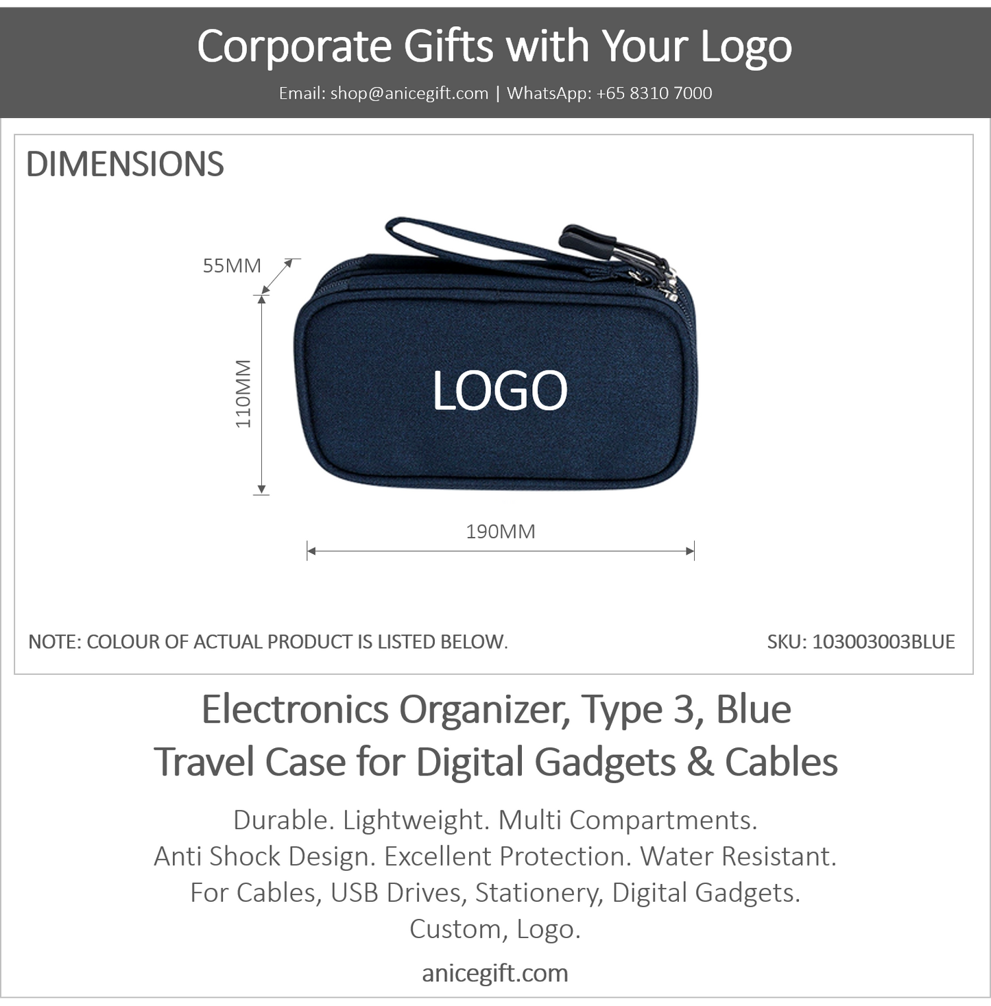 Electronics Organizer, Type 3, Blue | Travel Case for Digital Gadgets & Cables
