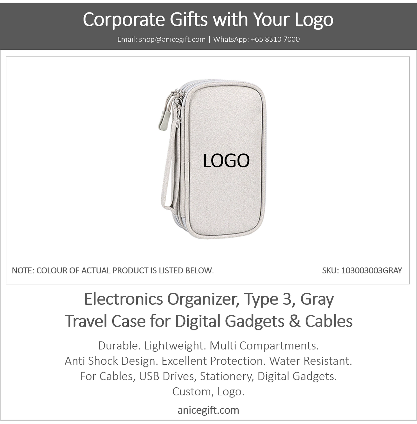 Electronics Organizer, Type 3, Gray | Travel Case for Digital Gadgets & Cables